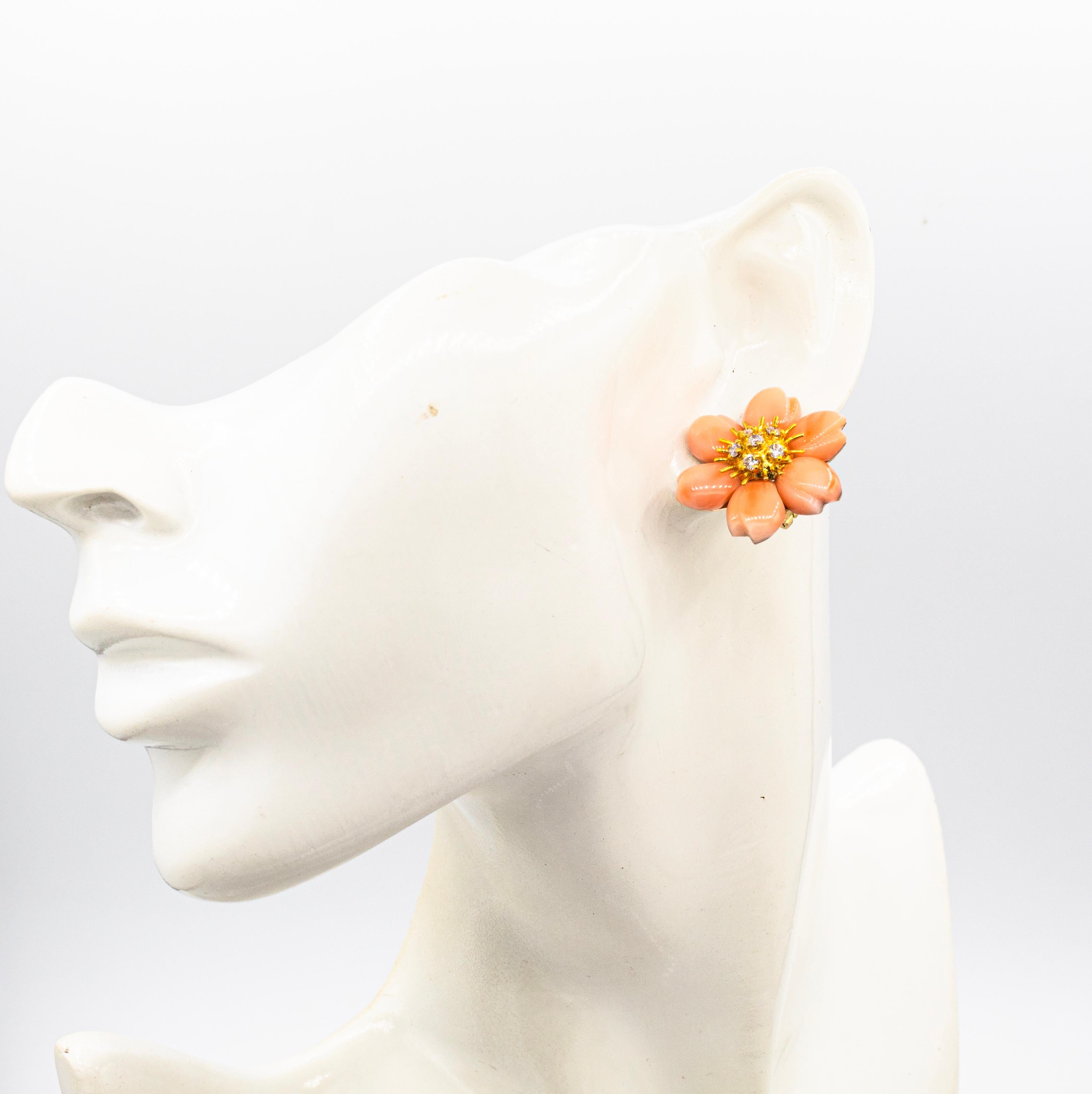 Art Nouveau Style White Diamond Pink Coral Yellow Gold Flowers Clip-On Earrings For Sale 9