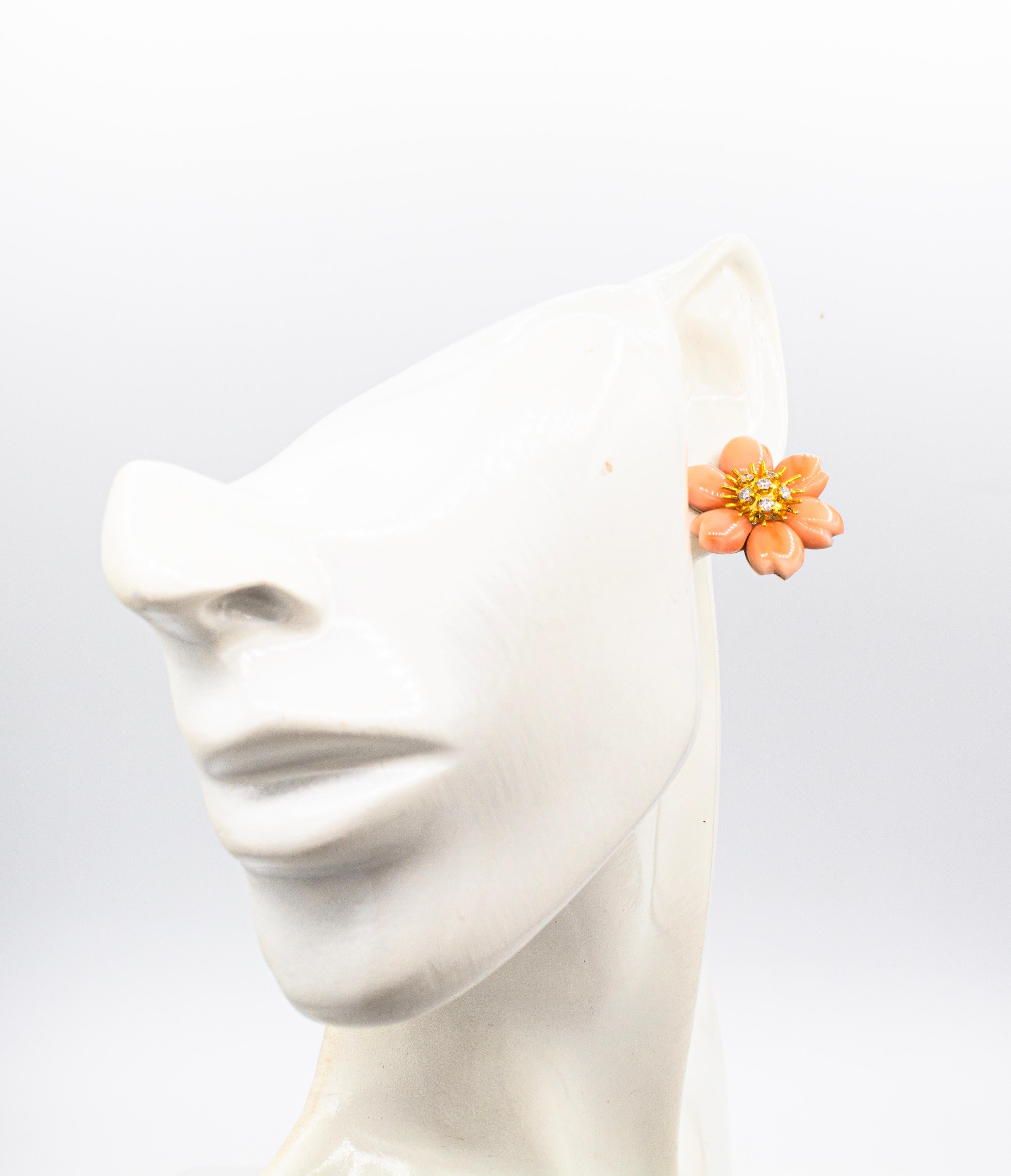 Art Nouveau Style White Diamond Pink Coral Yellow Gold Flowers Clip-On Earrings For Sale 10