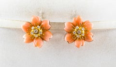 Art Nouveau Style White Diamond Pink Coral Yellow Gold Flowers Clip-On Earrings