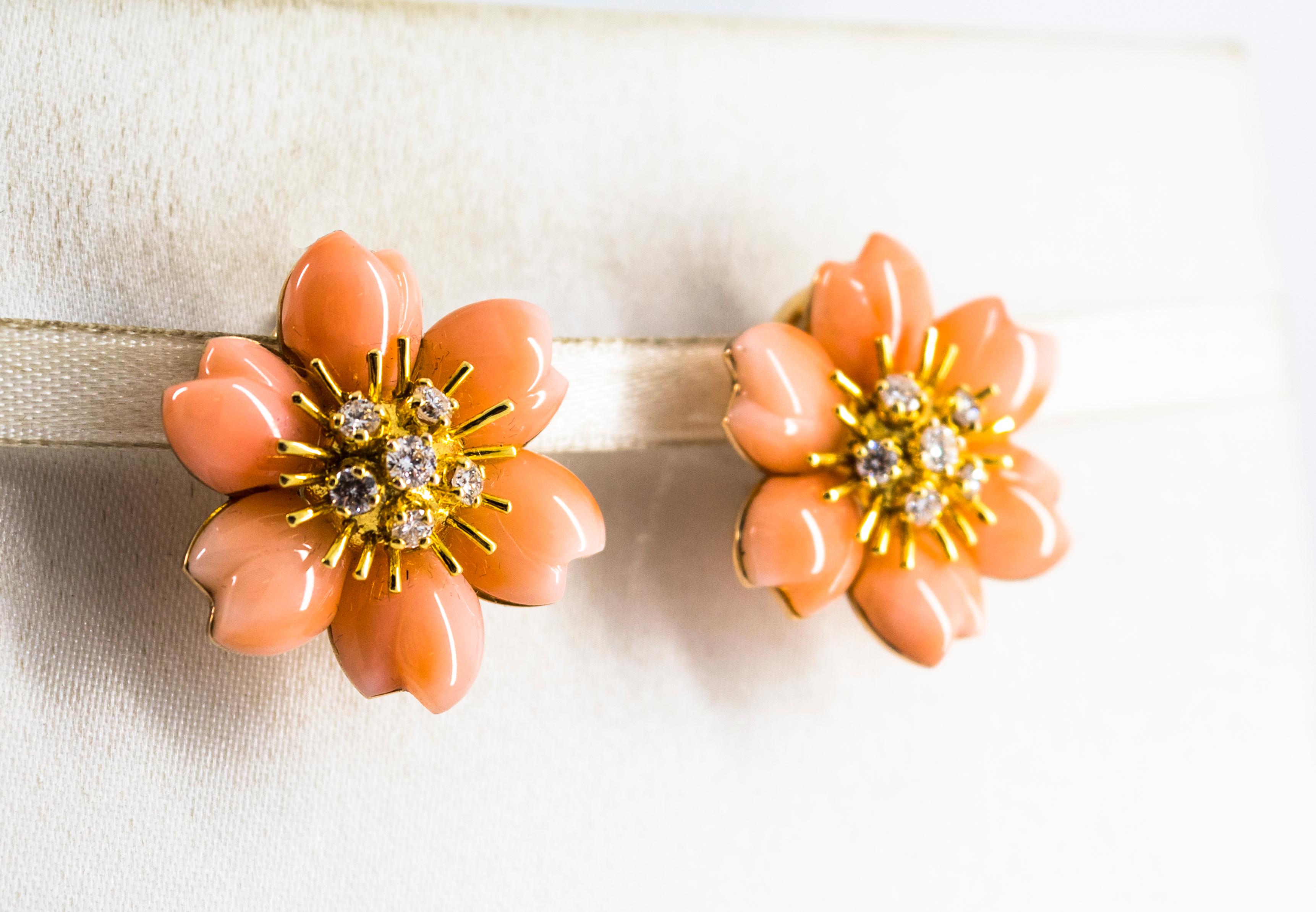 Brilliant Cut Art Nouveau Style White Diamond Pink Coral Yellow Gold Flowers Clip-On Earrings For Sale