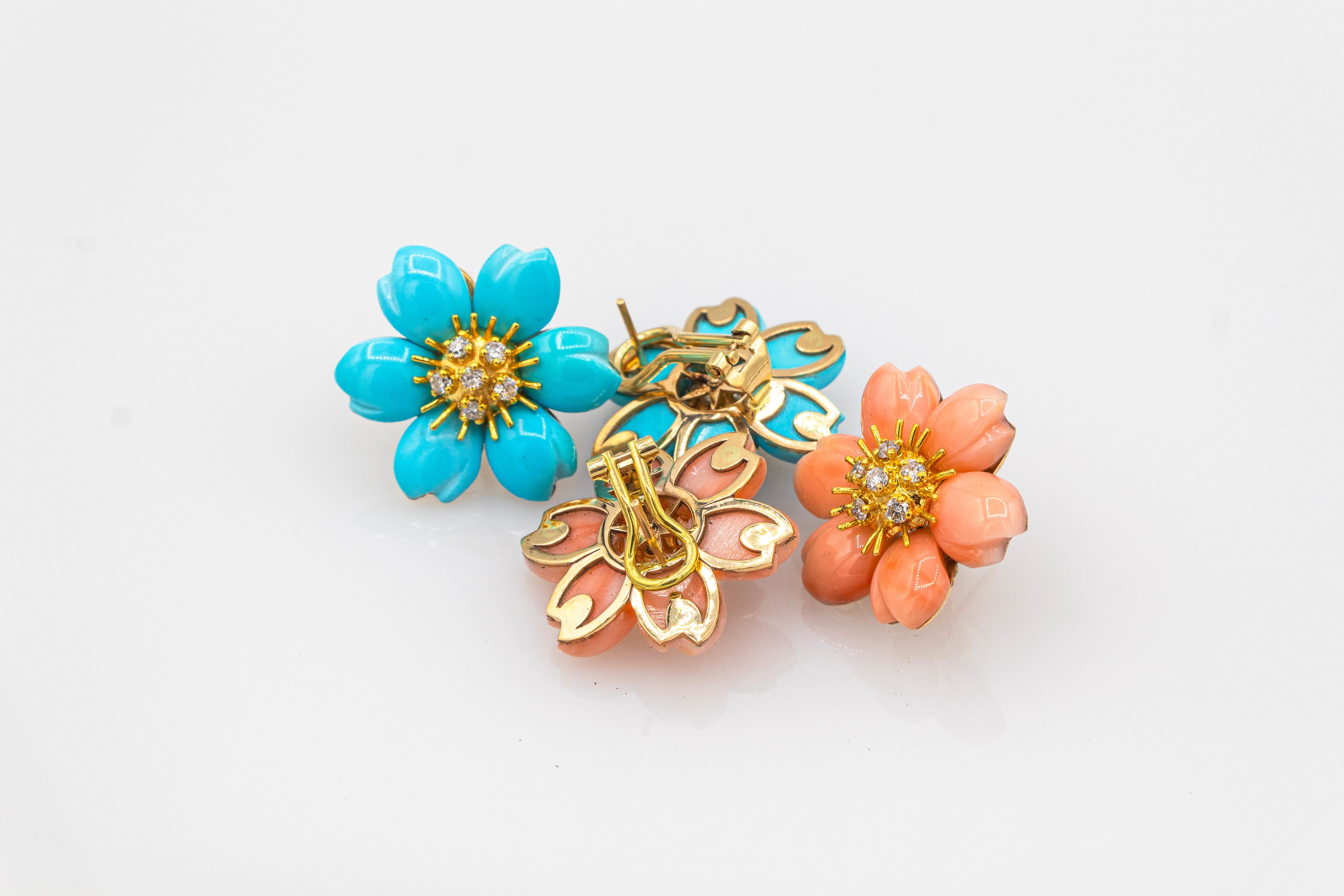 Brilliant Cut Art Nouveau Style White Diamond Pink Coral Yellow Gold Flowers Clip-On Earrings For Sale