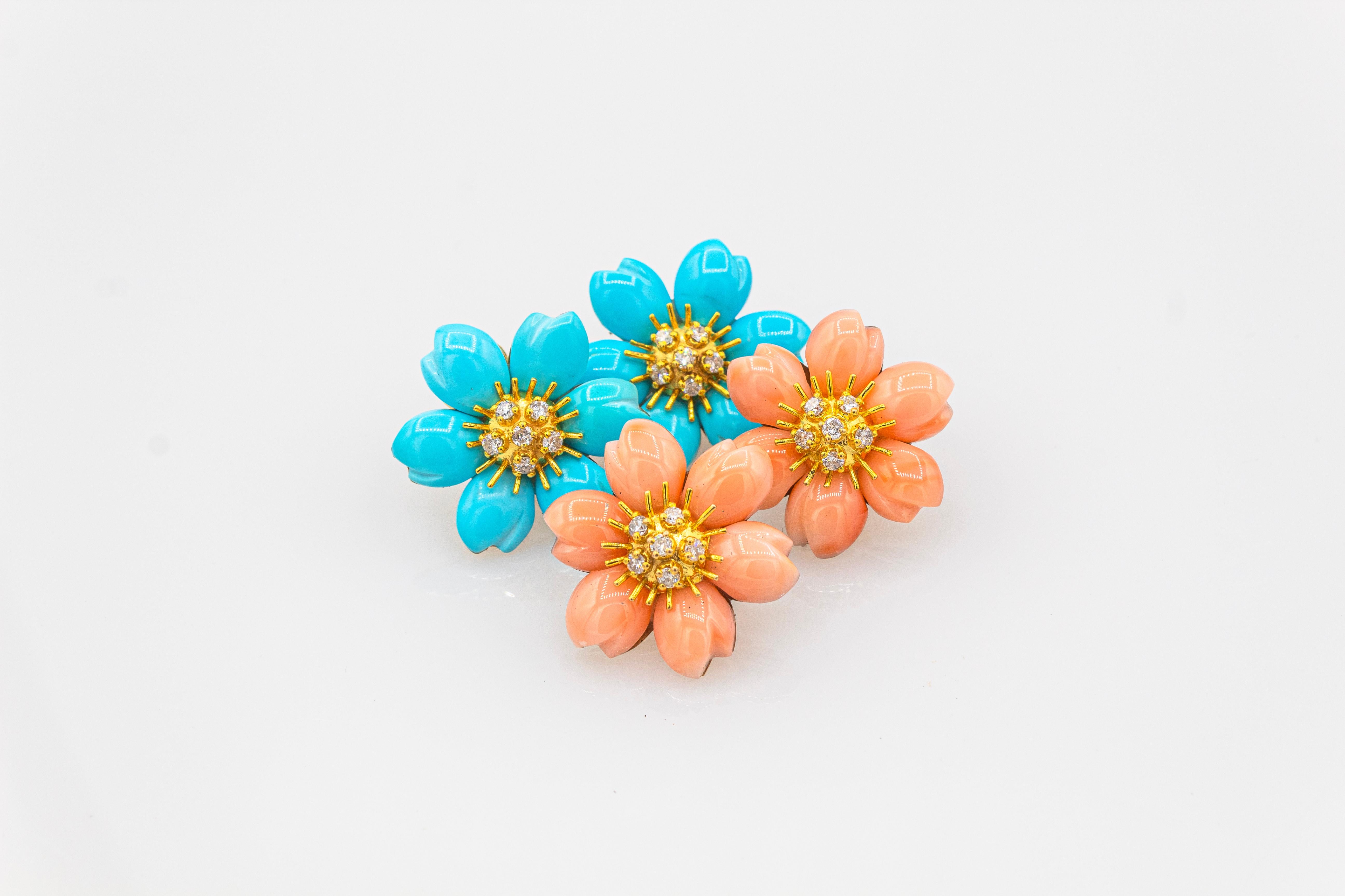 Art Nouveau Style White Diamond Pink Coral Yellow Gold Flowers Clip-On Earrings In New Condition For Sale In Naples, IT