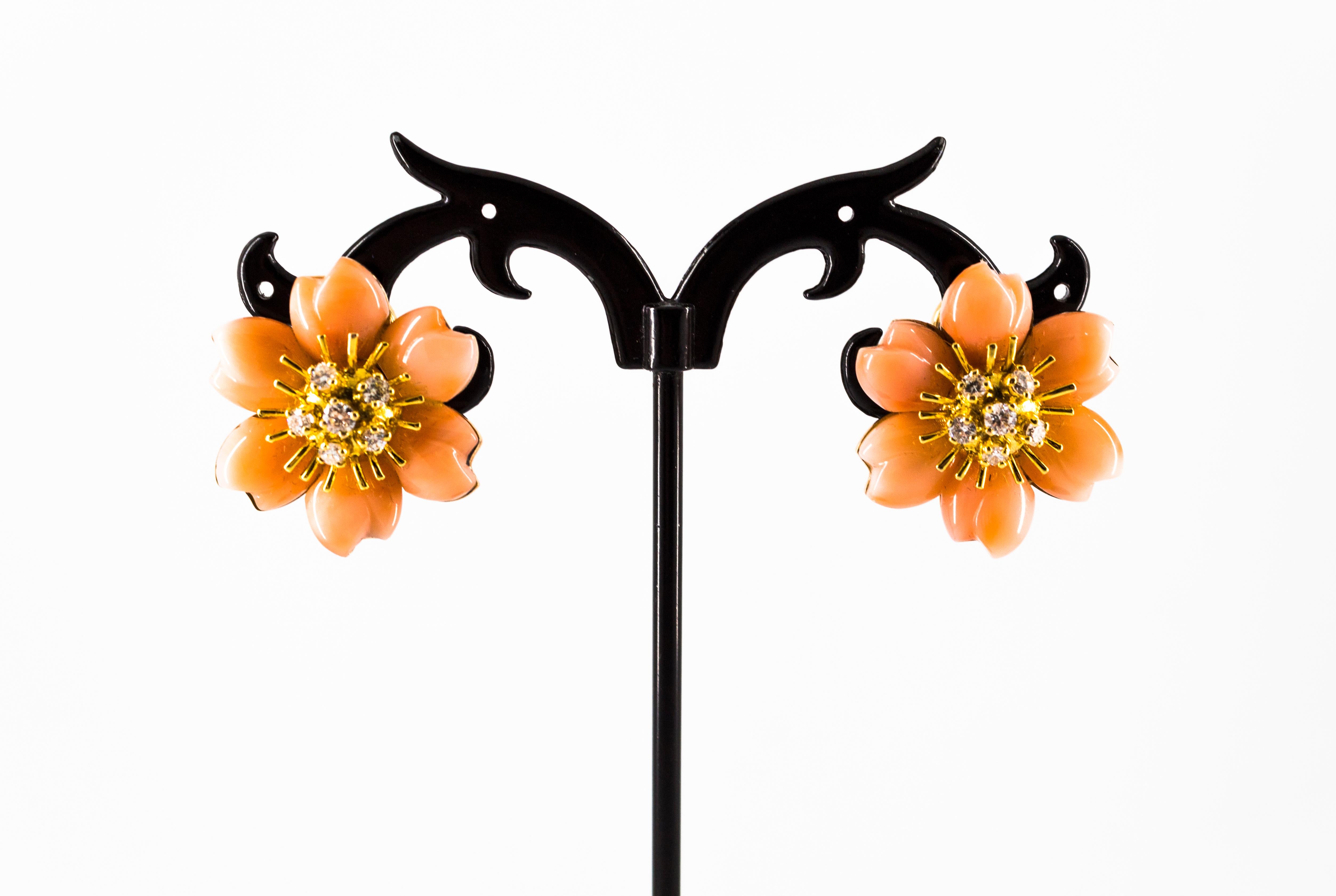 Brilliant Cut Art Nouveau Style White Diamond Pink Coral Yellow Gold Flowers Clip-On Earrings