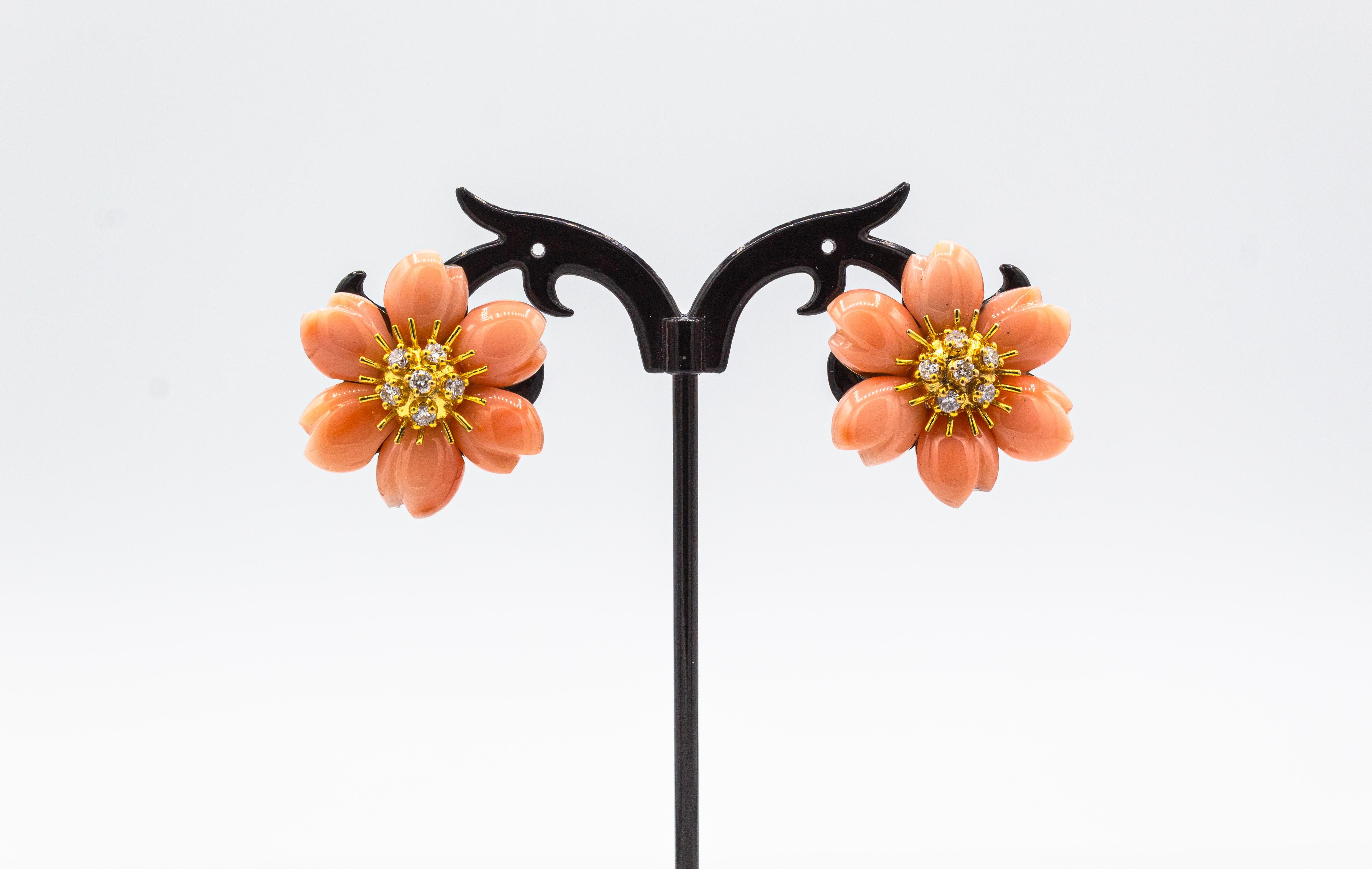 Art Nouveau Style White Diamond Pink Coral Yellow Gold Flowers Clip-On Earrings For Sale 1