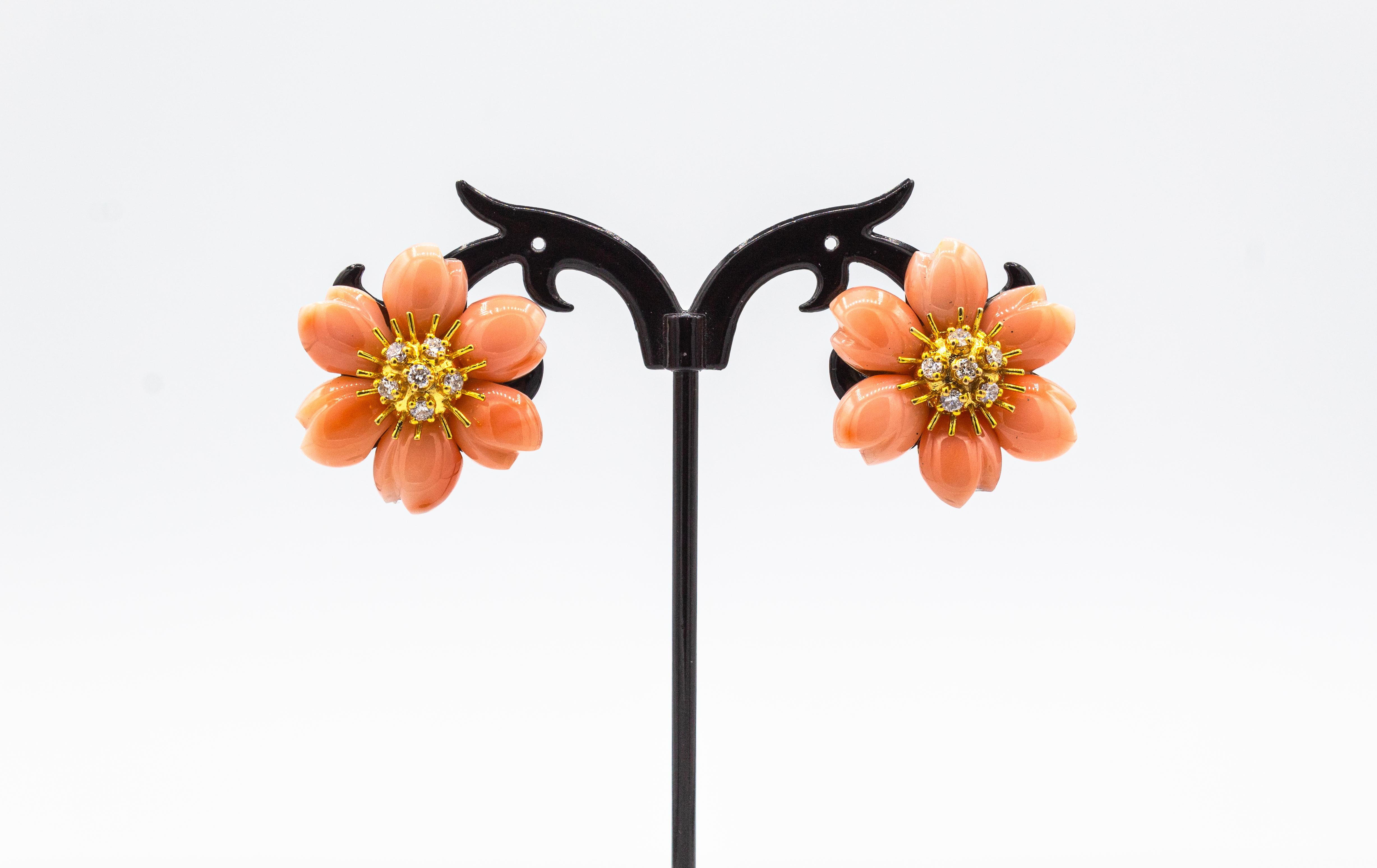 Art Nouveau Style White Diamond Pink Coral Yellow Gold Flowers Clip-On Earrings For Sale 2