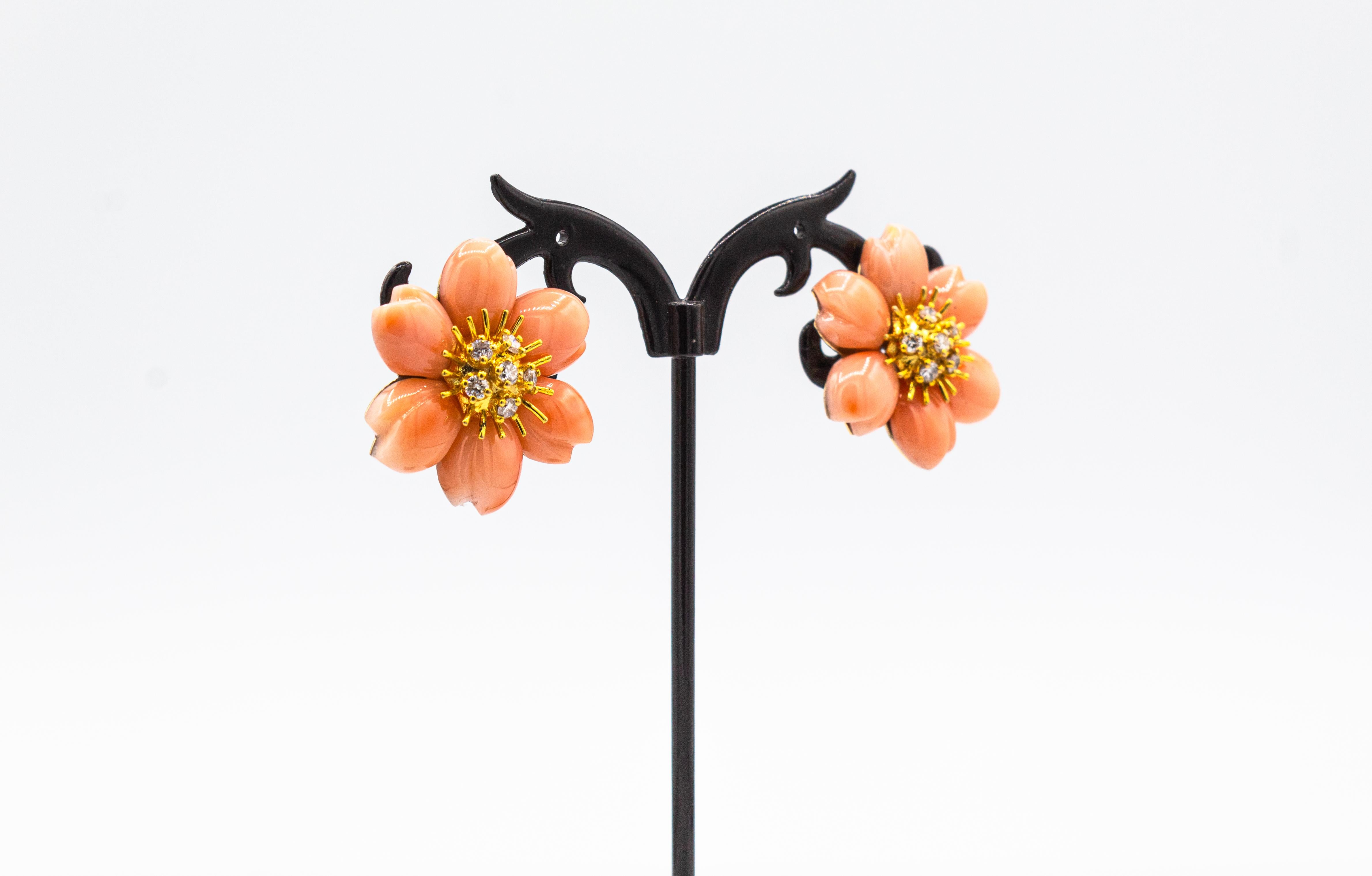 Art Nouveau Style White Diamond Pink Coral Yellow Gold Flowers Clip-On Earrings For Sale 3