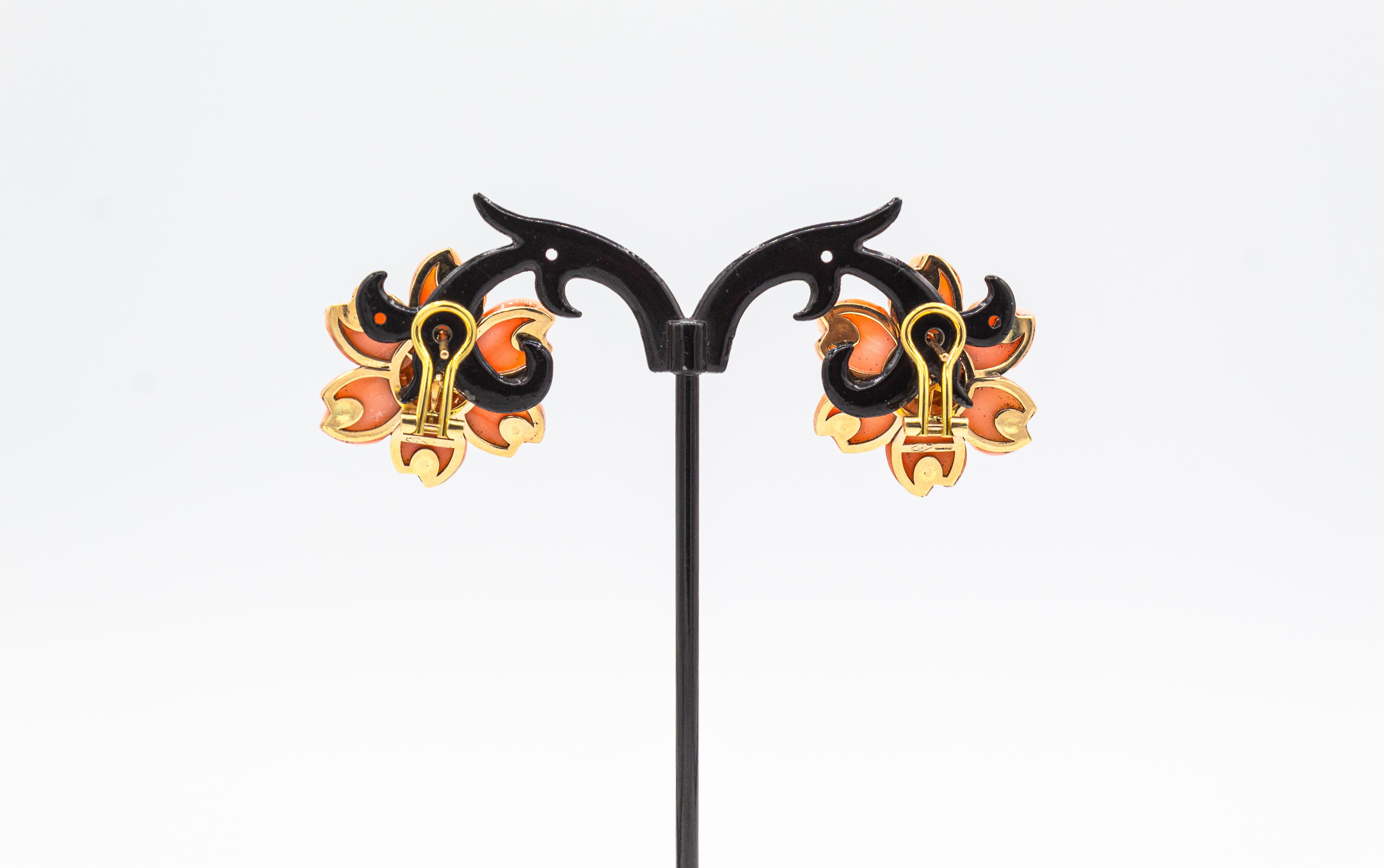 Art Nouveau Style White Diamond Pink Coral Yellow Gold Flowers Clip-On Earrings For Sale 4