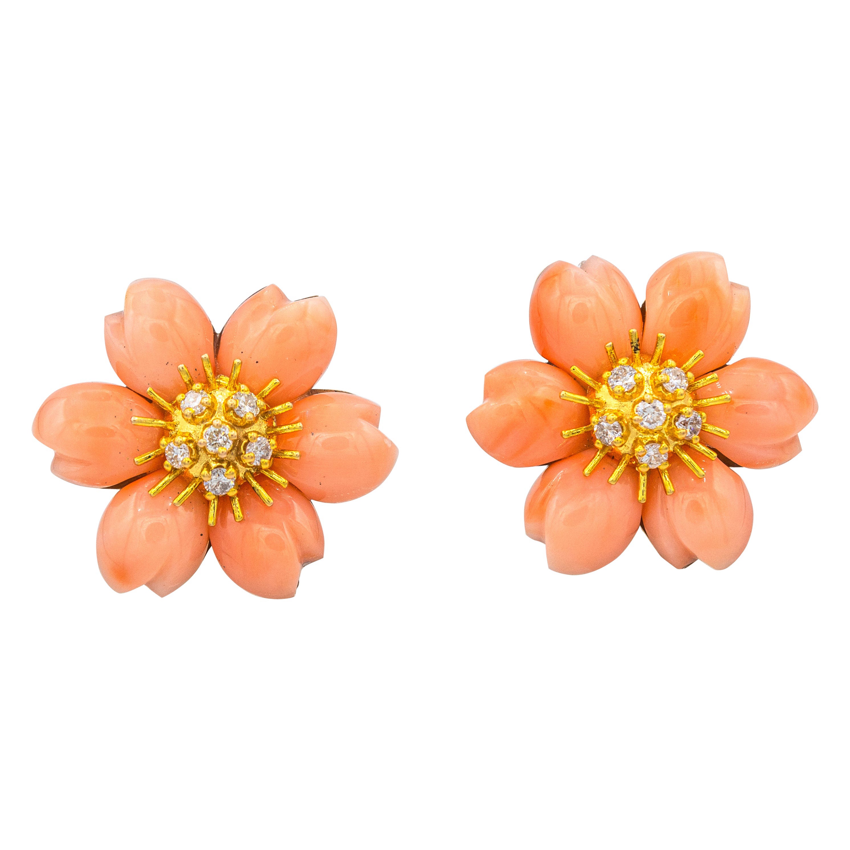 Pendientes de clip Flores de Oro Amarillo Diamante Blanco Coral Rosa Estilo Art Nouveau en venta