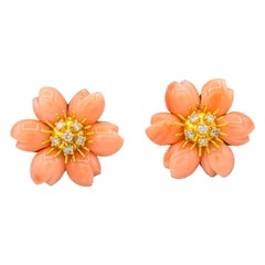 Art Nouveau Style White Diamond Pink Coral Yellow Gold Flowers Clip-On Earrings