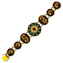 Art Nouveau Style White Diamond Pink Tourmaline Turquoise Yellow Gold Bracelet