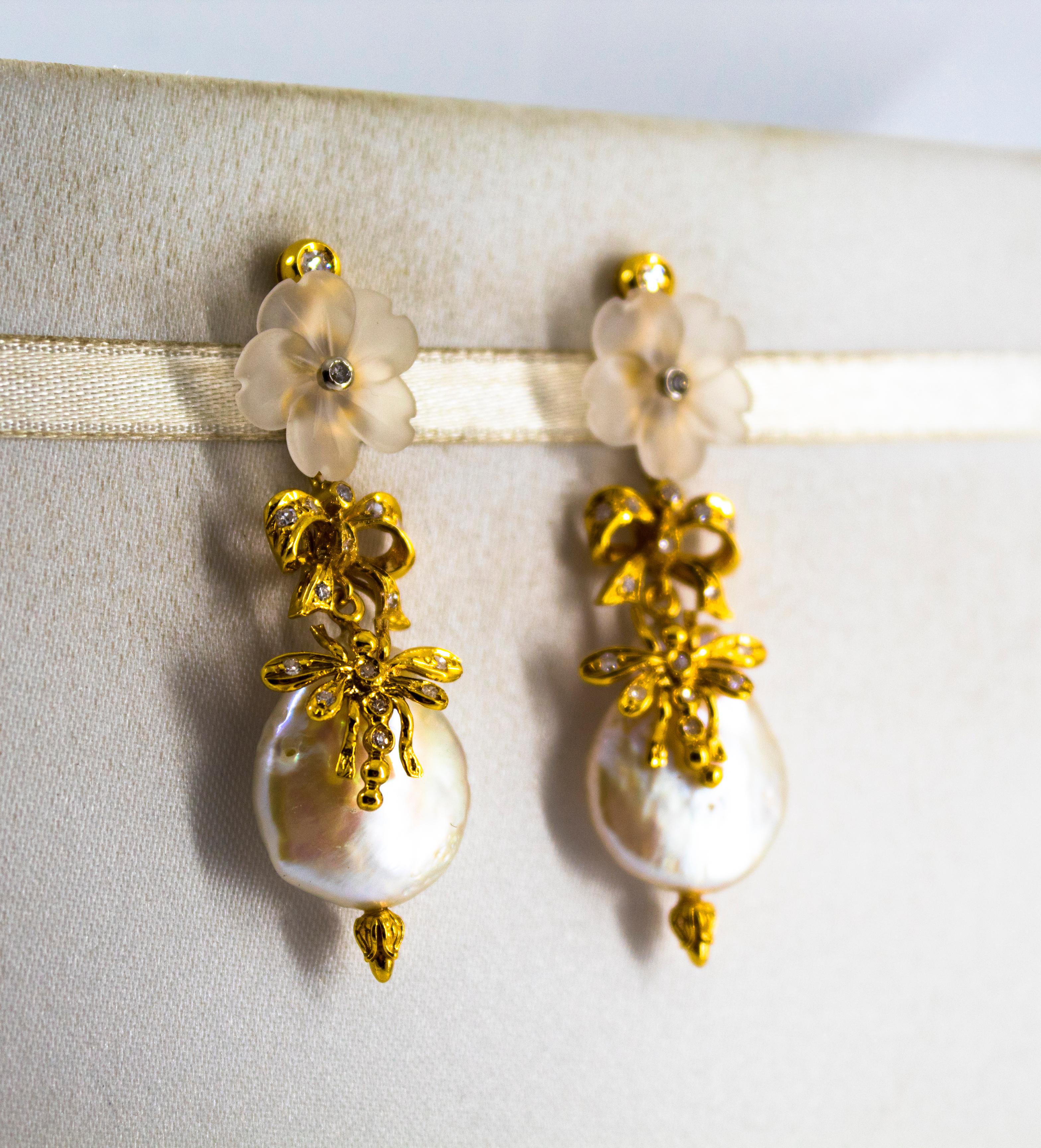 Art Nouveau Style White Diamond Rock Crystal Pearl Yellow Gold Drop Earrings In New Condition For Sale In Naples, IT