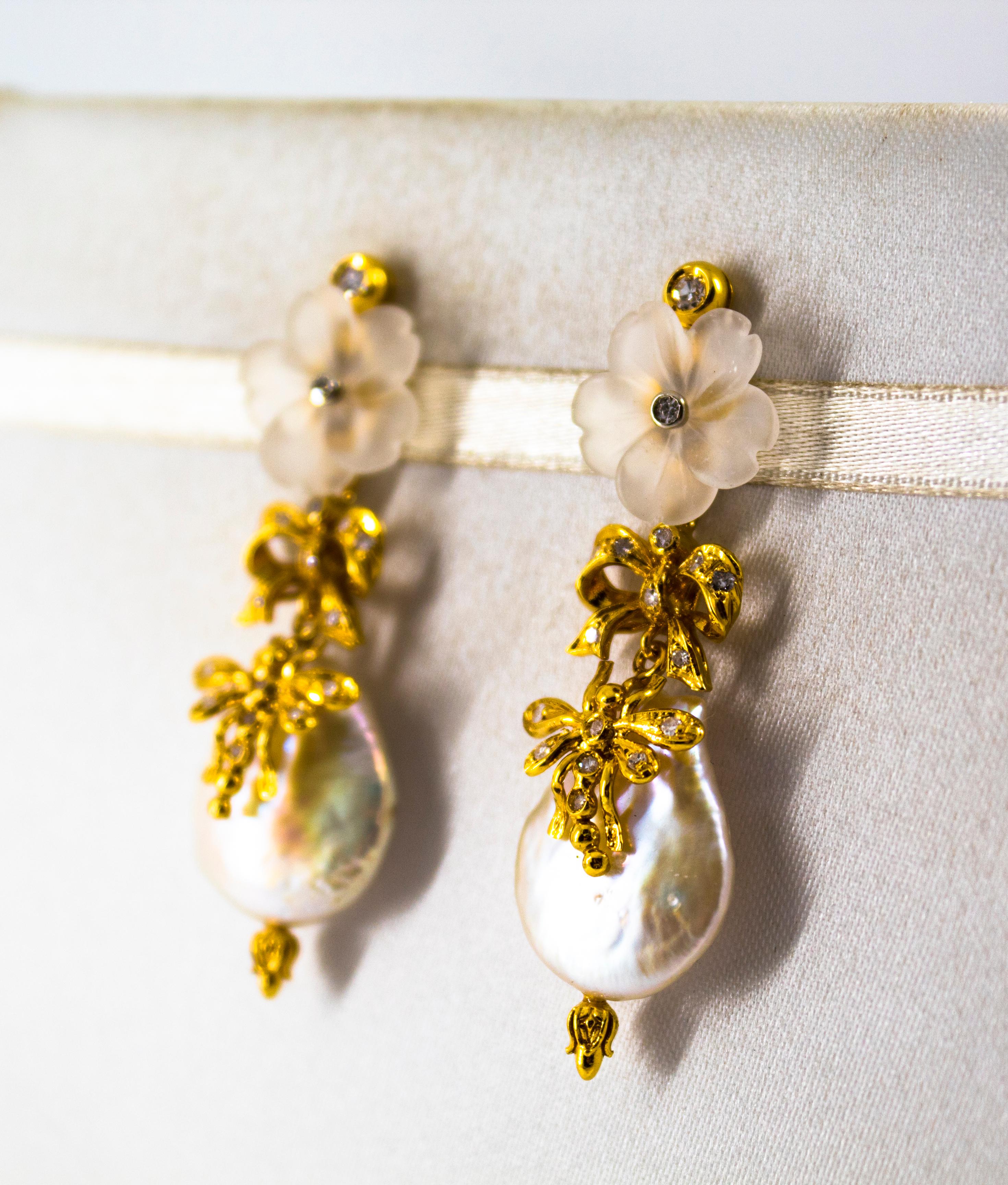 Art Nouveau Style White Diamond Rock Crystal Pearl Yellow Gold Drop Earrings In New Condition In Naples, IT