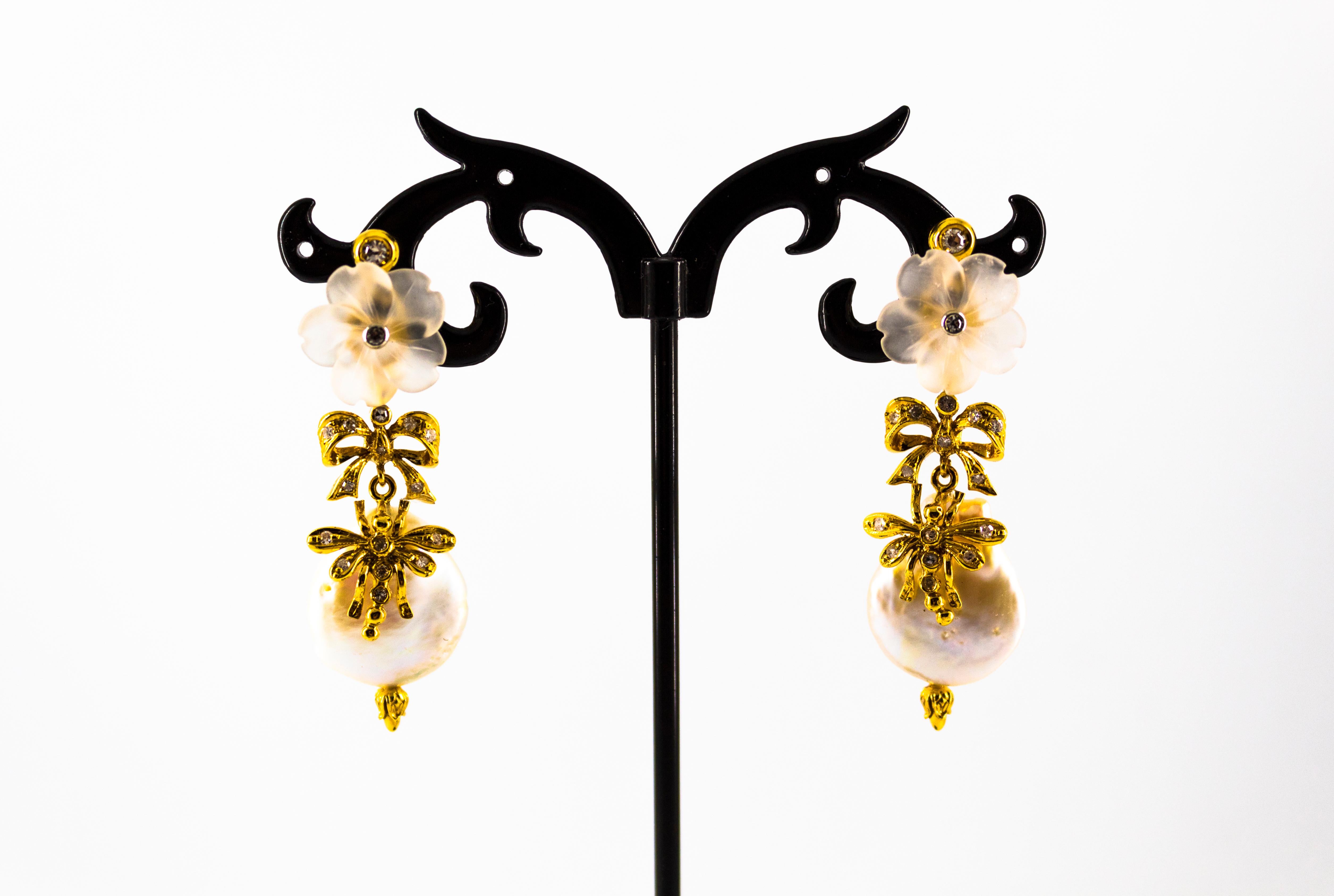 Women's or Men's Art Nouveau Style White Diamond Rock Crystal Pearl Yellow Gold Drop Earrings
