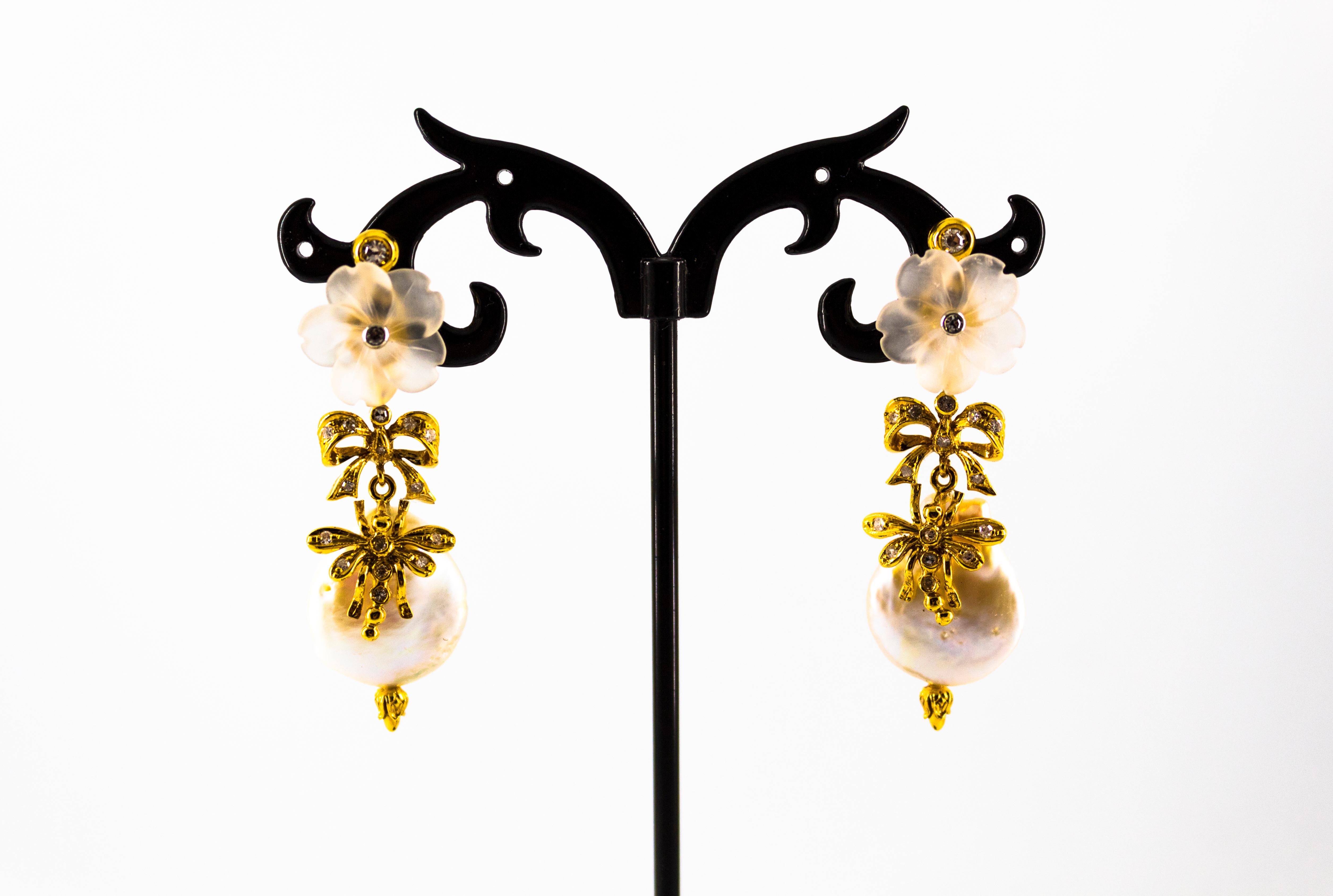 Pendientes de gota de oro amarillo estilo Art Nouveau con diamante blanco y cristal de roca y perla 1