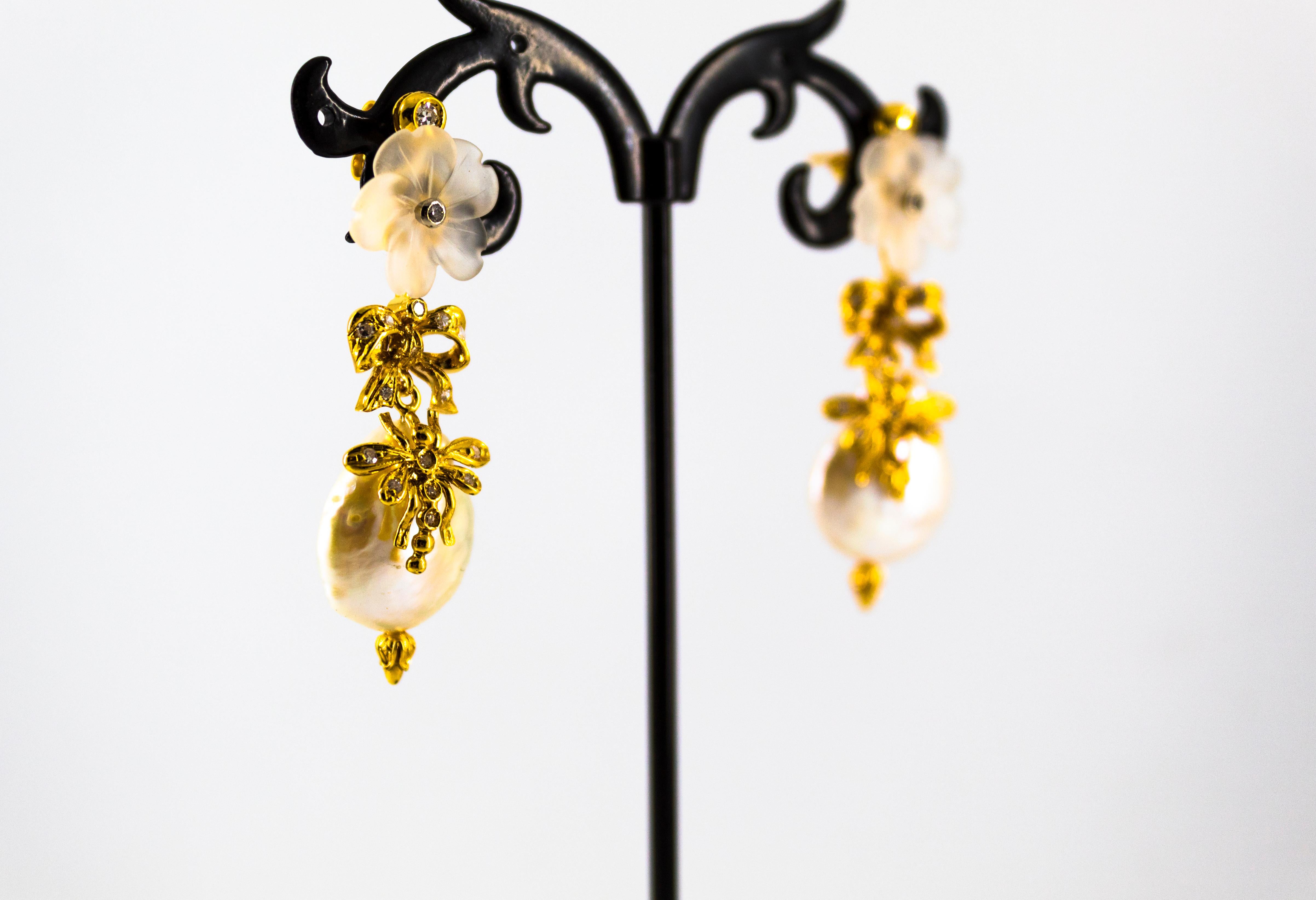 Pendientes de gota de oro amarillo estilo Art Nouveau con diamante blanco y cristal de roca y perla 2