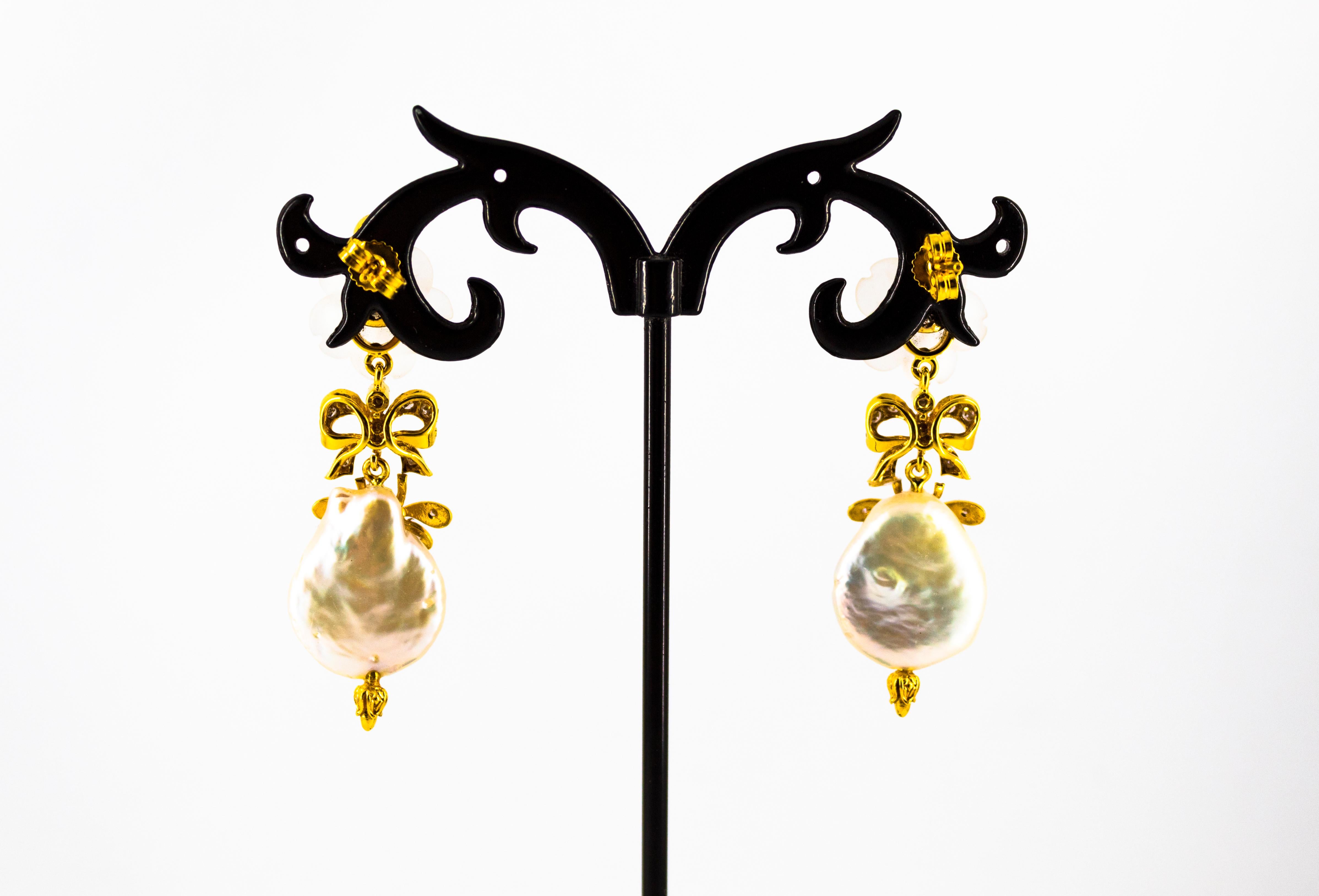 Art Nouveau Style White Diamond Rock Crystal Pearl Yellow Gold Drop Earrings 2
