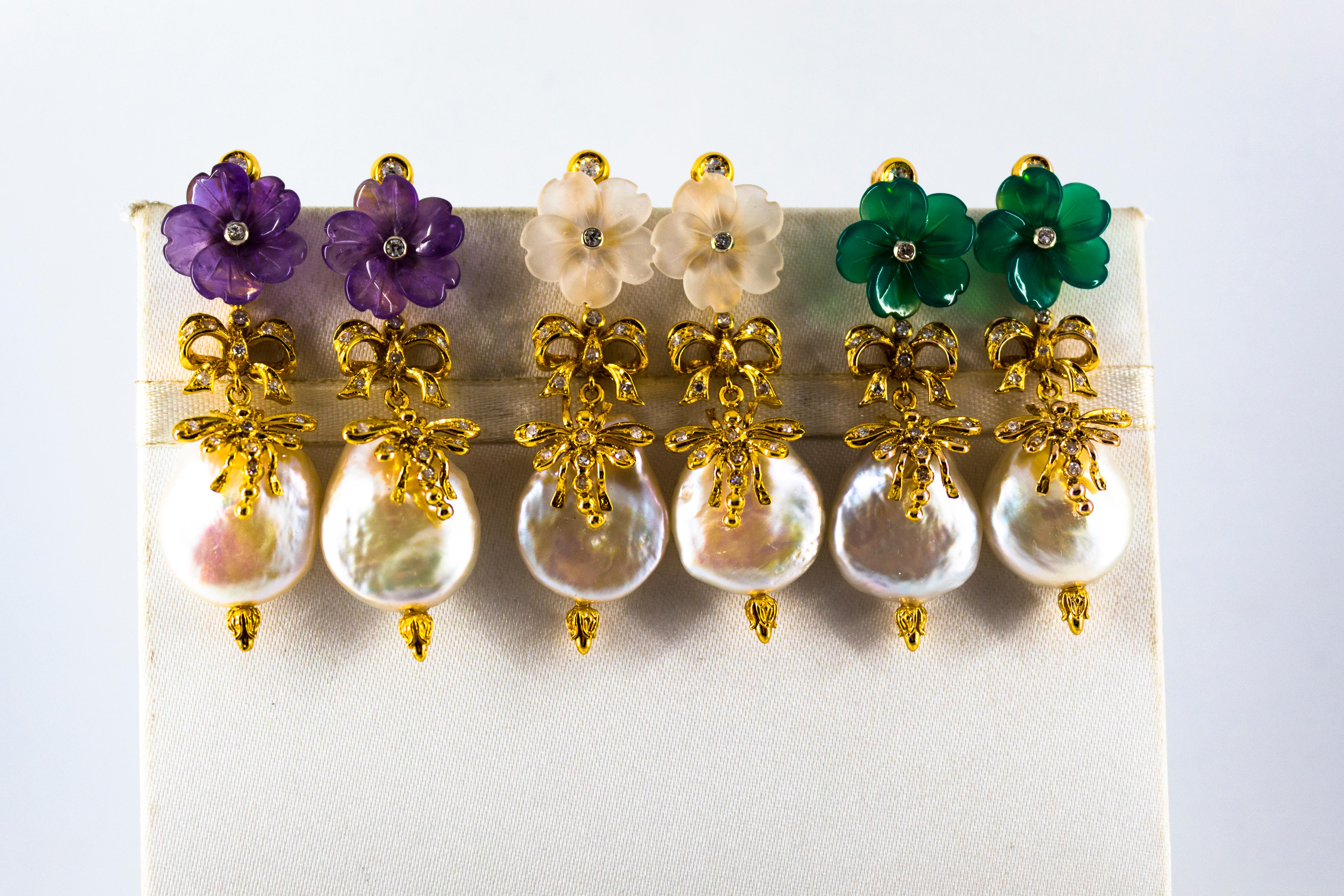 Pendientes de gota de oro amarillo estilo Art Nouveau con diamante blanco y cristal de roca y perla 4