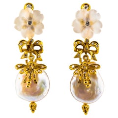 Vintage Art Nouveau Style White Diamond Rock Crystal Pearl Yellow Gold Drop Earrings