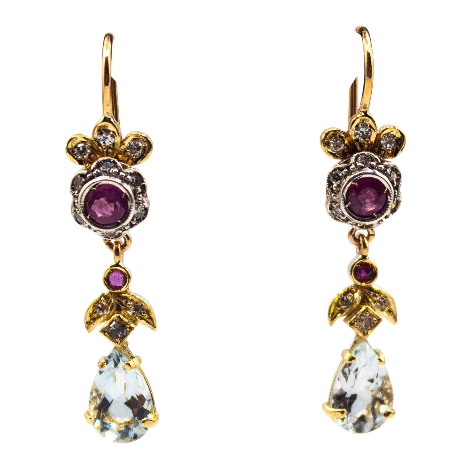 Orecchini a goccia in stile Art Nouveau in oro giallo con diamante bianco e rubino e acquamarina