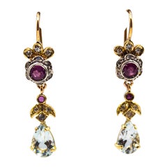 Art Nouveau Style White Diamond Ruby Aquamarine Yellow Gold Drop Earrings