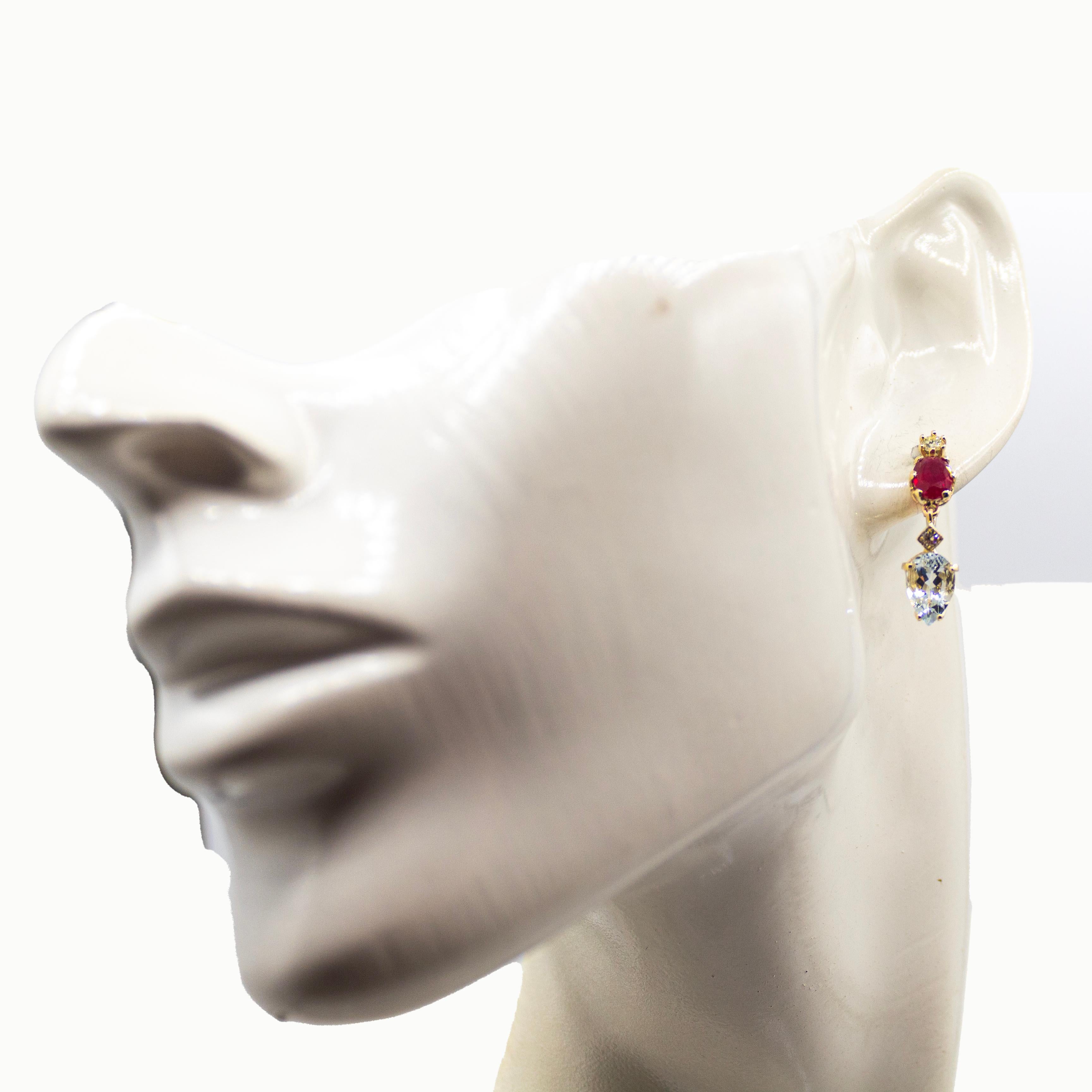 da uomo o donna Orecchini a leva in oro giallo con diamante bianco, rubino e acquamarina in stile Art Nouveau in vendita