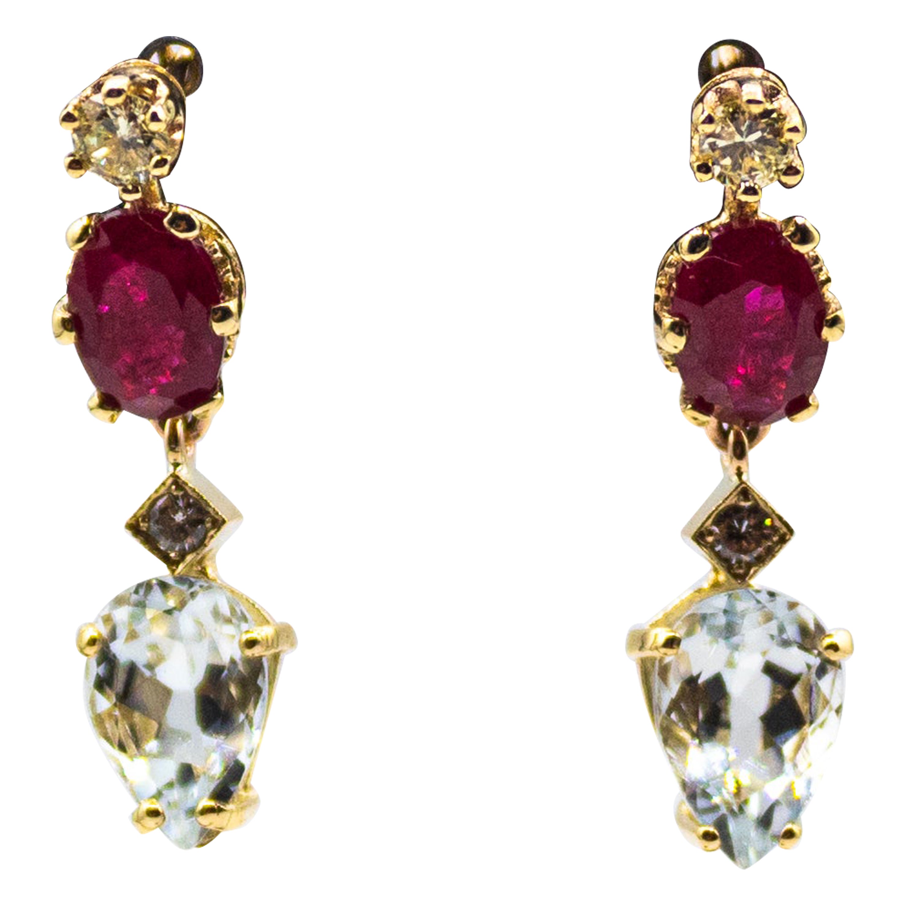 Art Nouveau Style White Diamond Ruby Aquamarine Yellow Gold Lever-Back Earrings