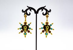 Art Nouveau Style White Diamond Ruby Emerald Onyx Turquoise Yellow Gold Earrings