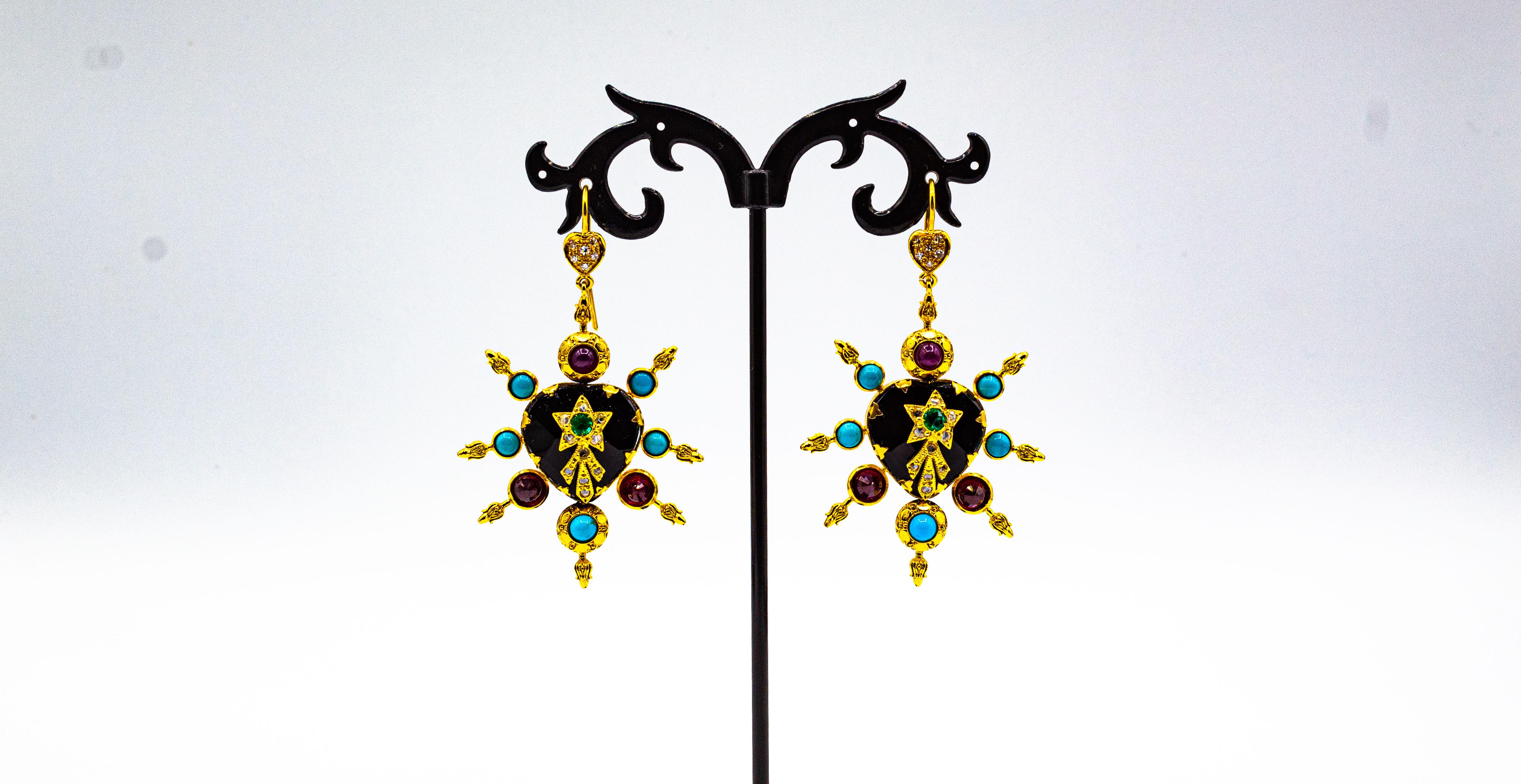 Round Cut Art Nouveau Style White Diamond Ruby Emerald Onyx Turquoise Yellow Gold Earrings For Sale
