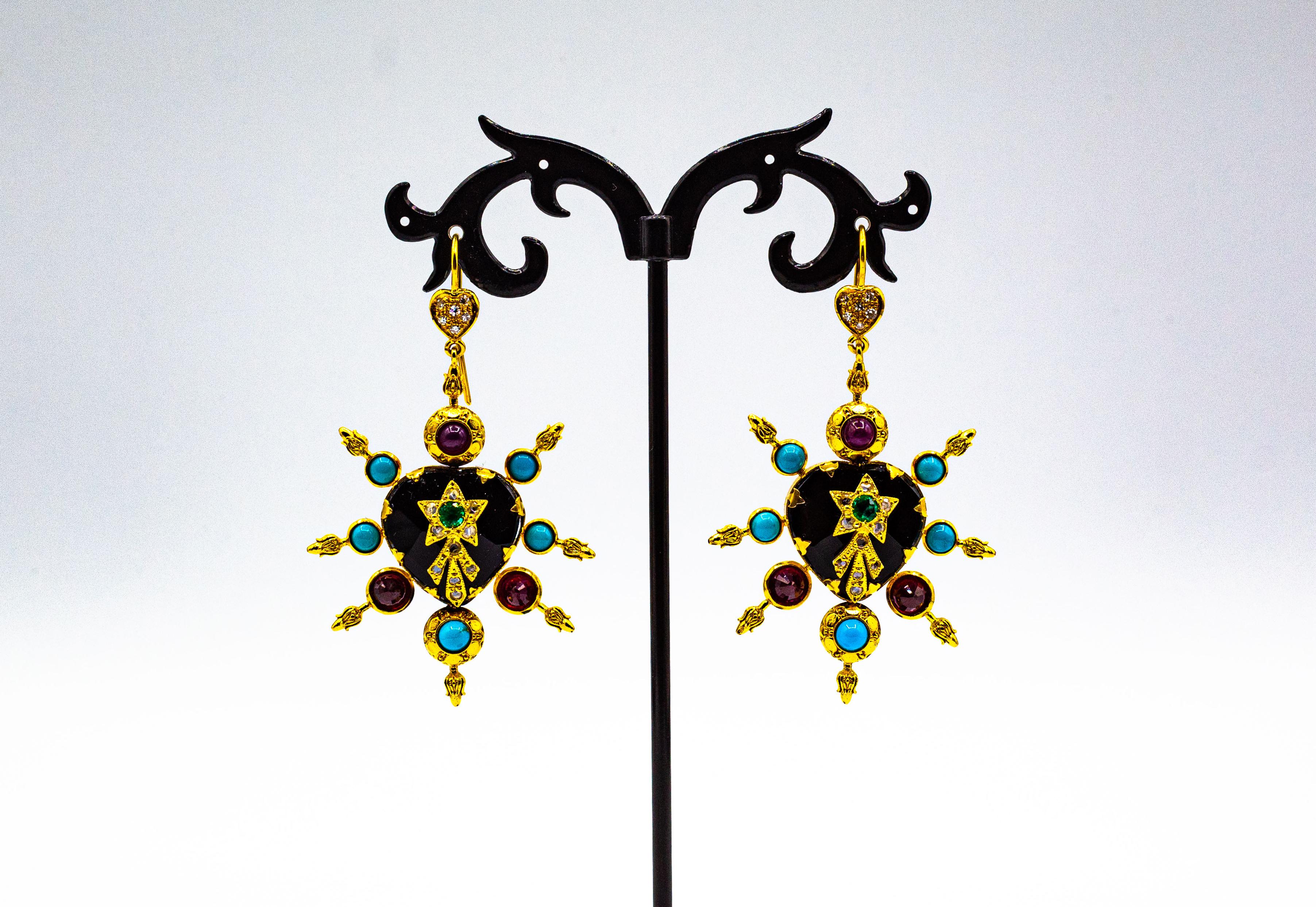 Taille ronde Boucles d'oreilles en or jaune de style Art Nouveau avec diamants blancs, rubis, émeraudes, onyx et turquoises en vente