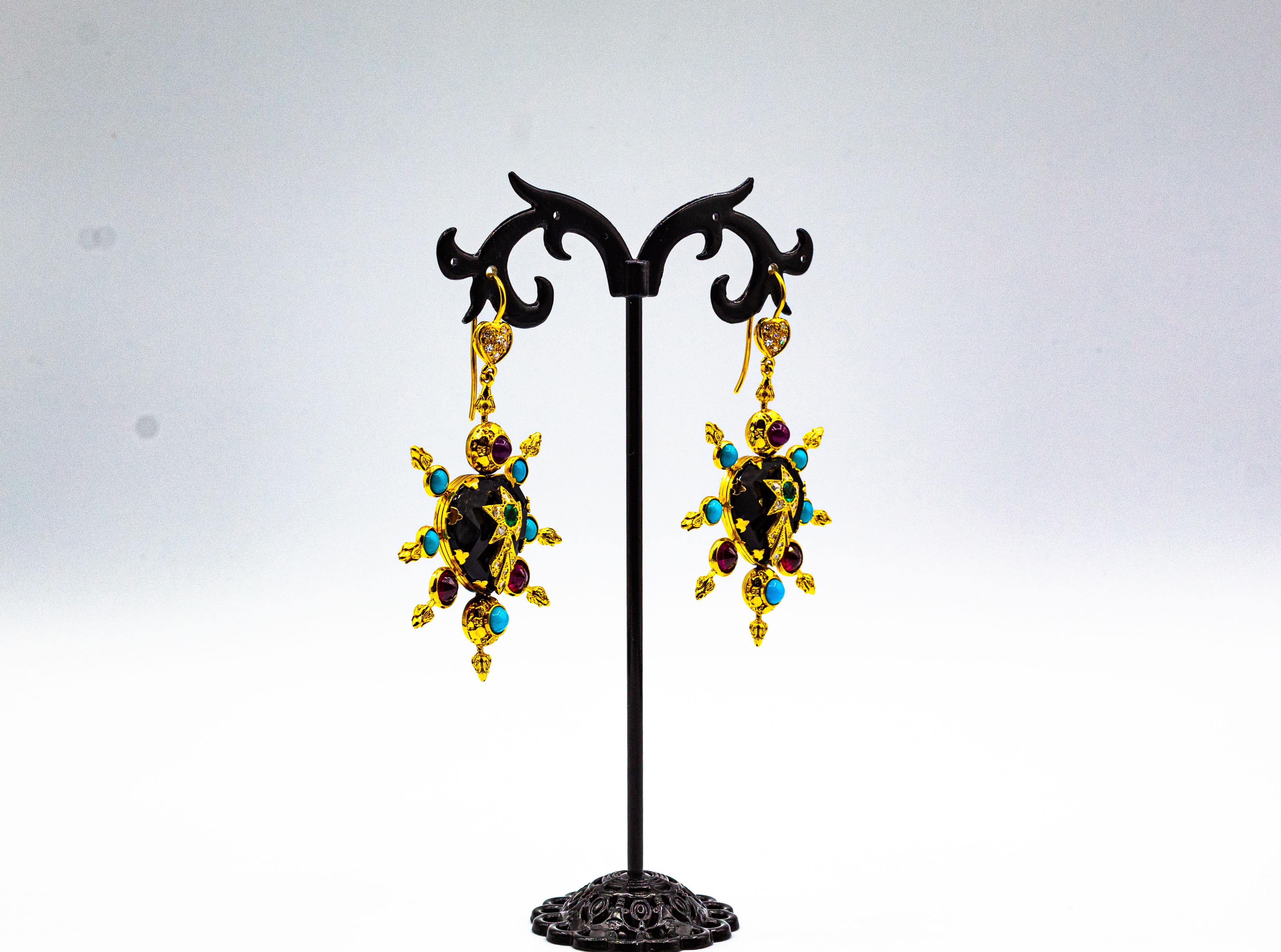 Women's or Men's Art Nouveau Style White Diamond Ruby Emerald Onyx Turquoise Yellow Gold Earrings For Sale