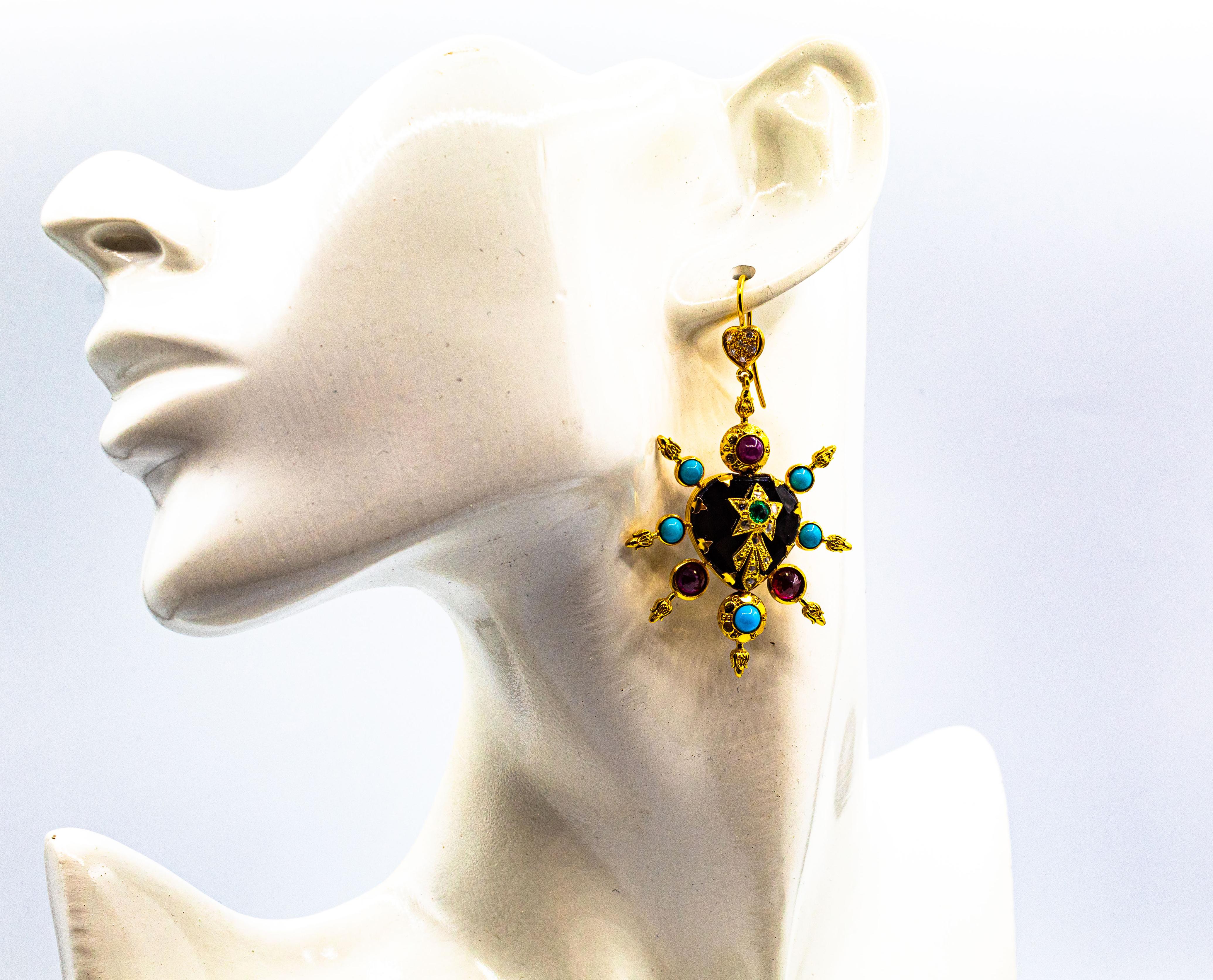 Art Nouveau Style White Diamond Ruby Emerald Onyx Turquoise Yellow Gold Earrings For Sale 3