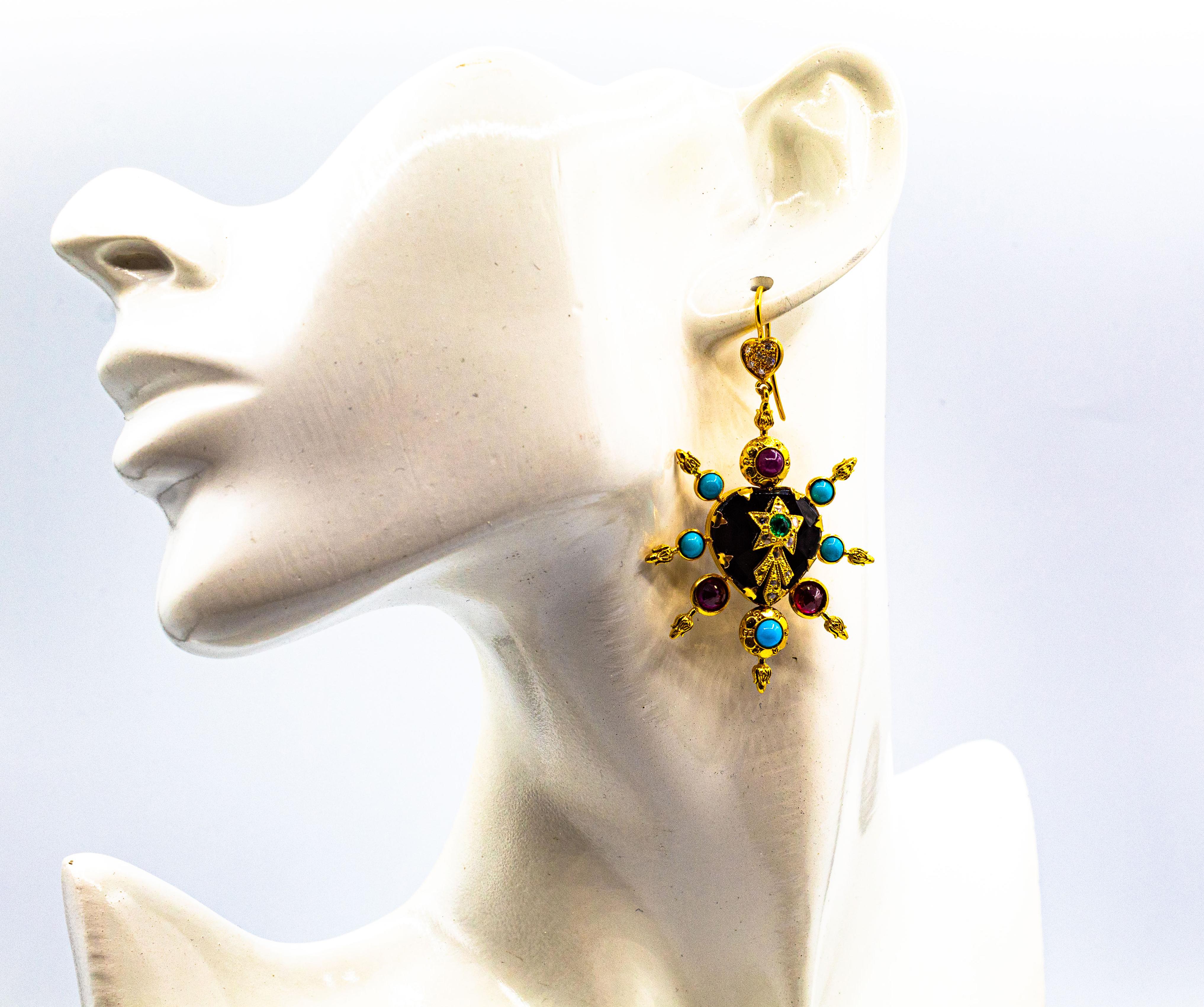 Art Nouveau Style White Diamond Ruby Emerald Onyx Turquoise Yellow Gold Earrings For Sale 4