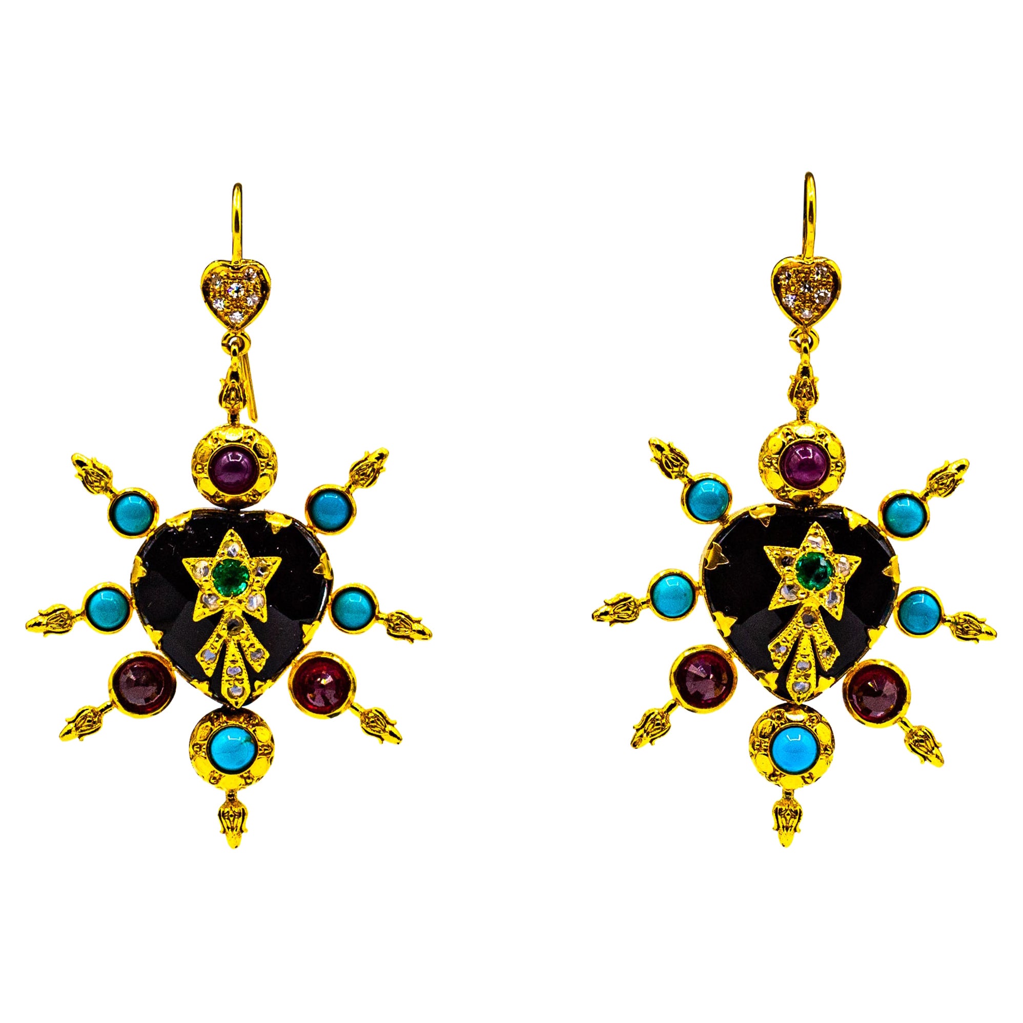 Boucles d'oreilles en or jaune de style Art Nouveau avec diamants blancs, rubis, émeraudes, onyx et turquoises en vente