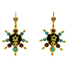 Art Nouveau Style White Diamond Ruby Emerald Onyx Turquoise Yellow Gold Earrings