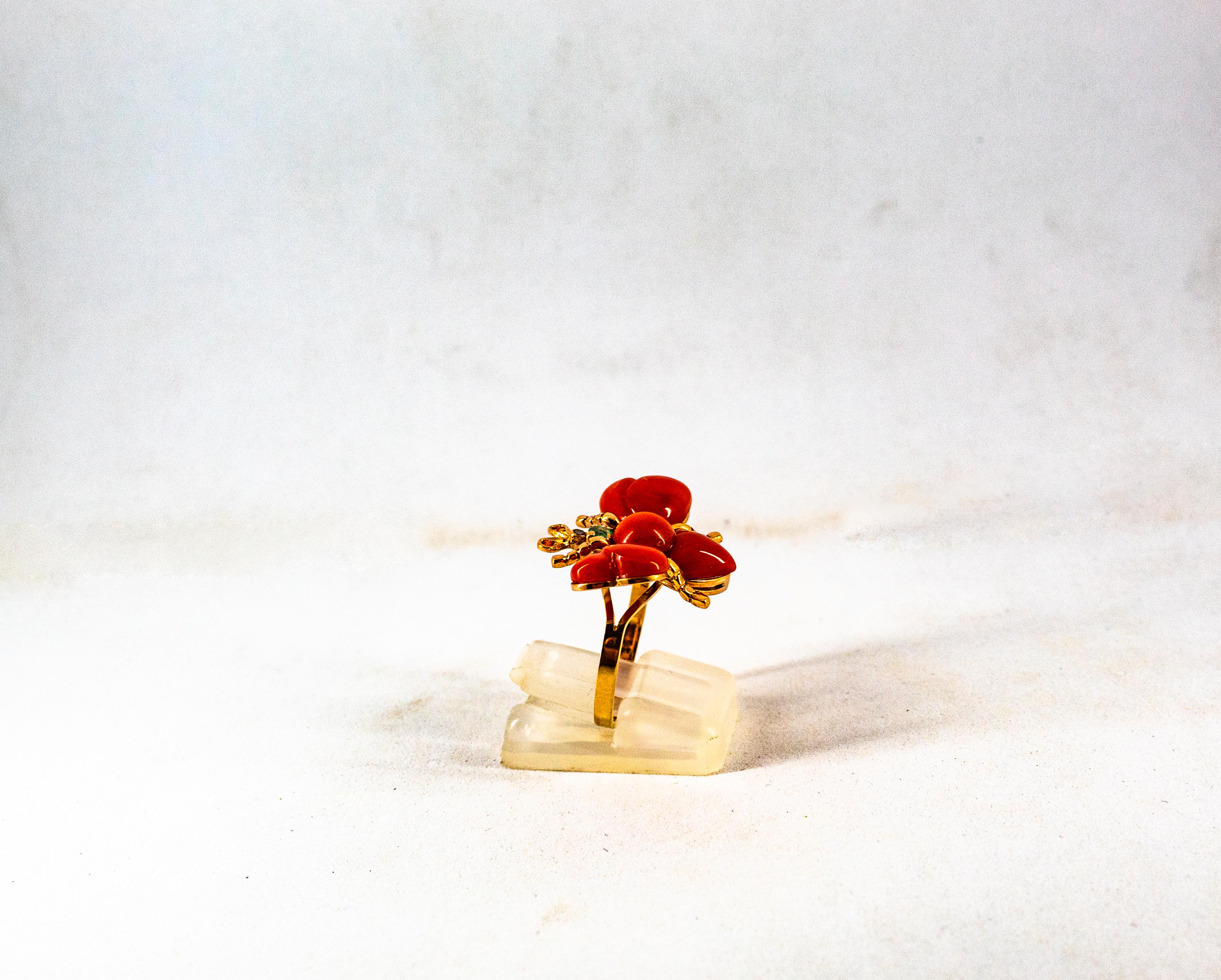 Art Nouveau Style White Diamond Ruby Emerald Red Coral Yellow Gold Cocktail Ring For Sale 4