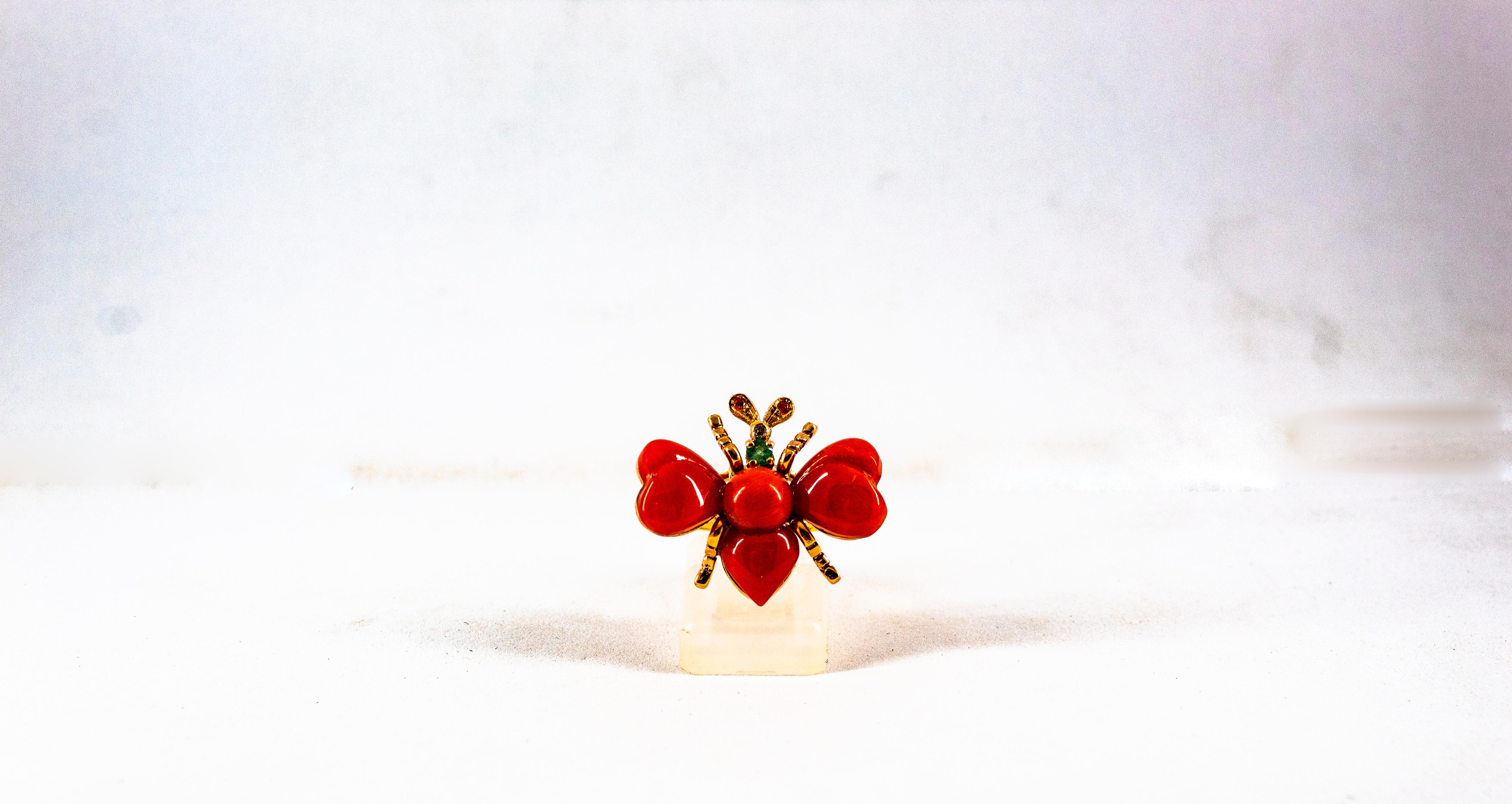 Art Nouveau Style White Diamond Ruby Emerald Red Coral Yellow Gold Cocktail Ring For Sale 6