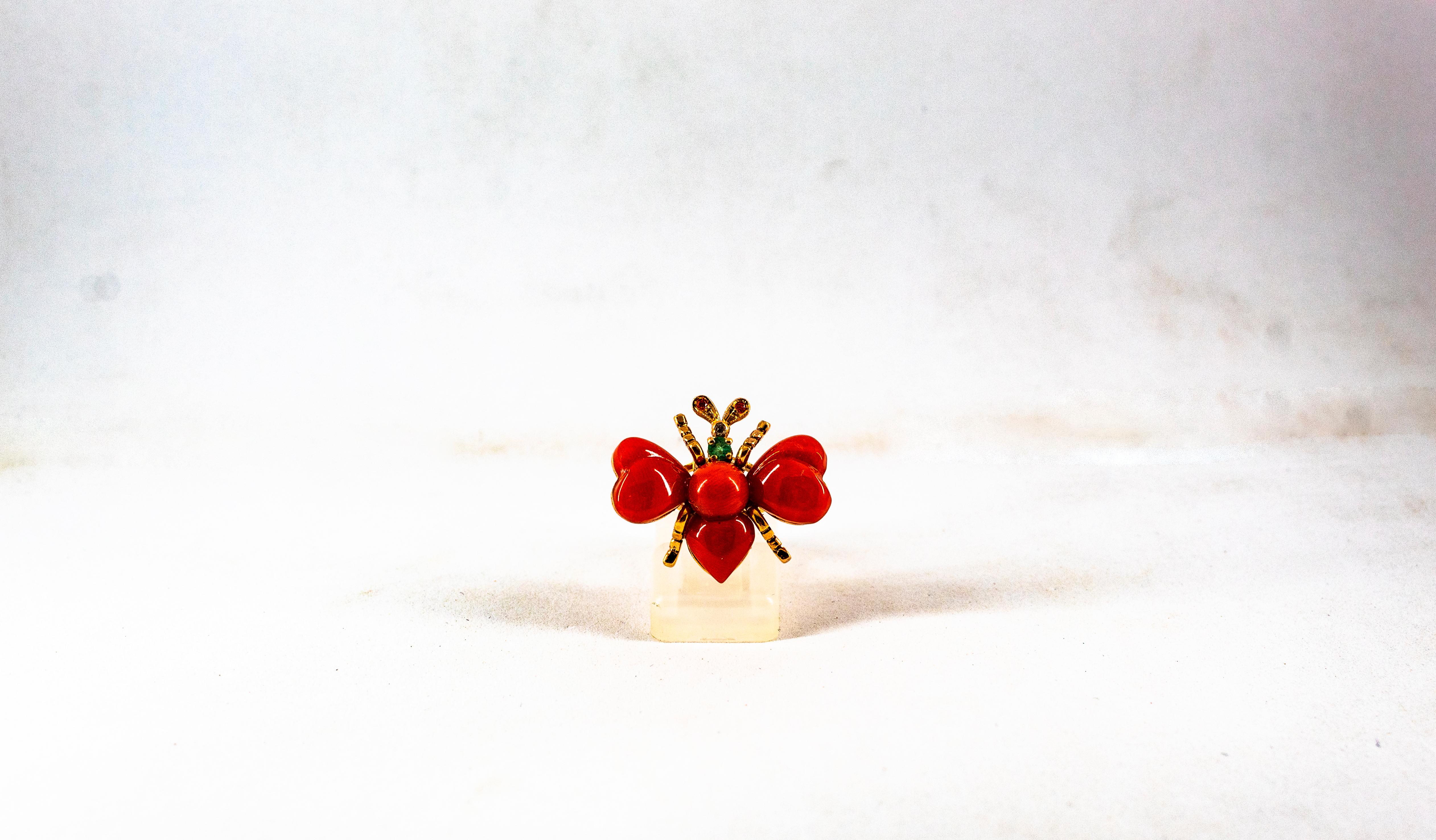 Art Nouveau Style White Diamond Ruby Emerald Red Coral Yellow Gold Cocktail Ring For Sale 7