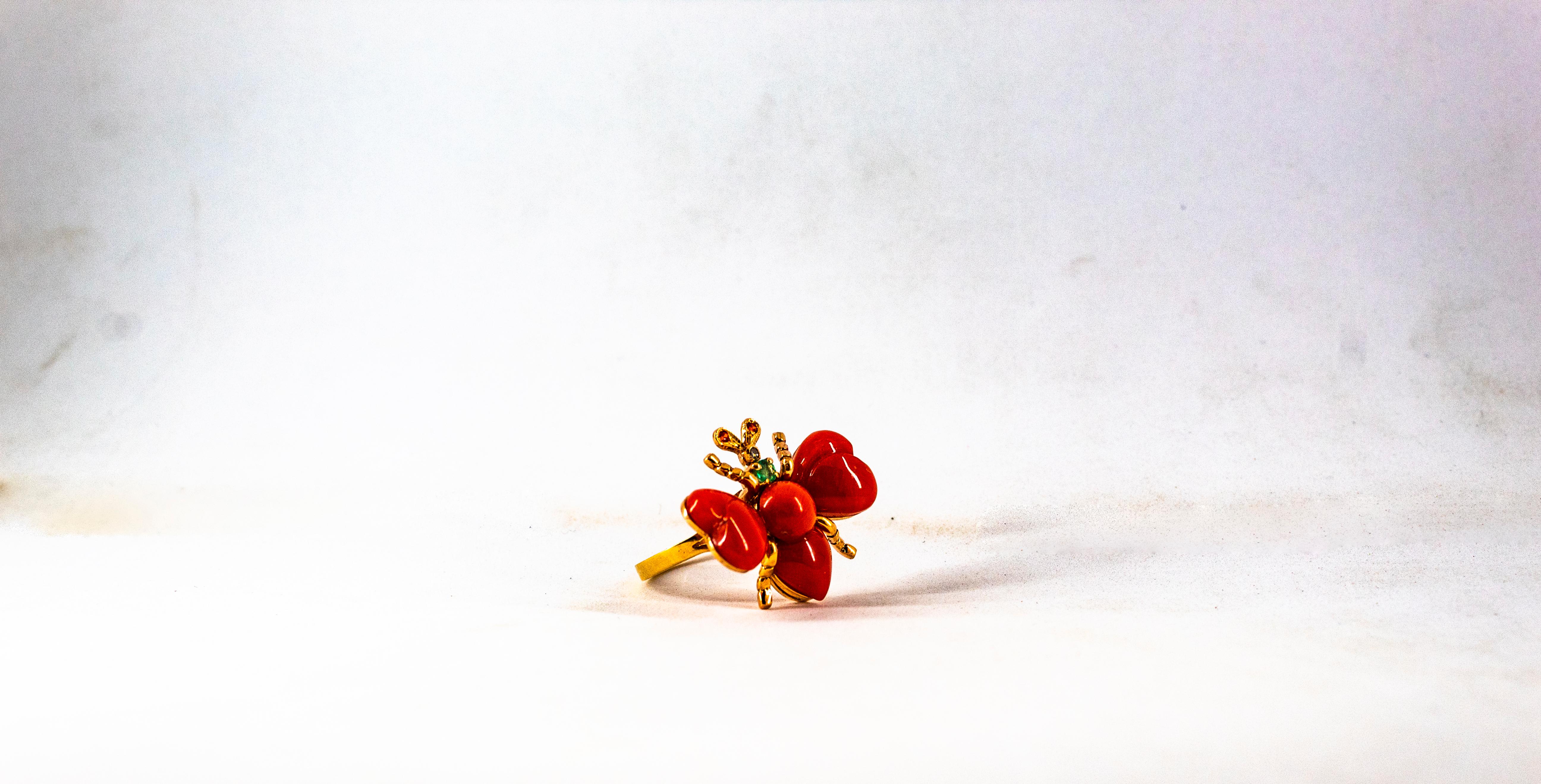 Art Nouveau Style Weißer Diamant Rubin Smaragd Rote Koralle Gelbgold Cocktail Ring im Angebot 11