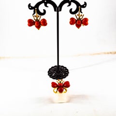 Art Nouveau Style White Diamond Ruby Emerald Red Coral Yellow Gold Cocktail Ring