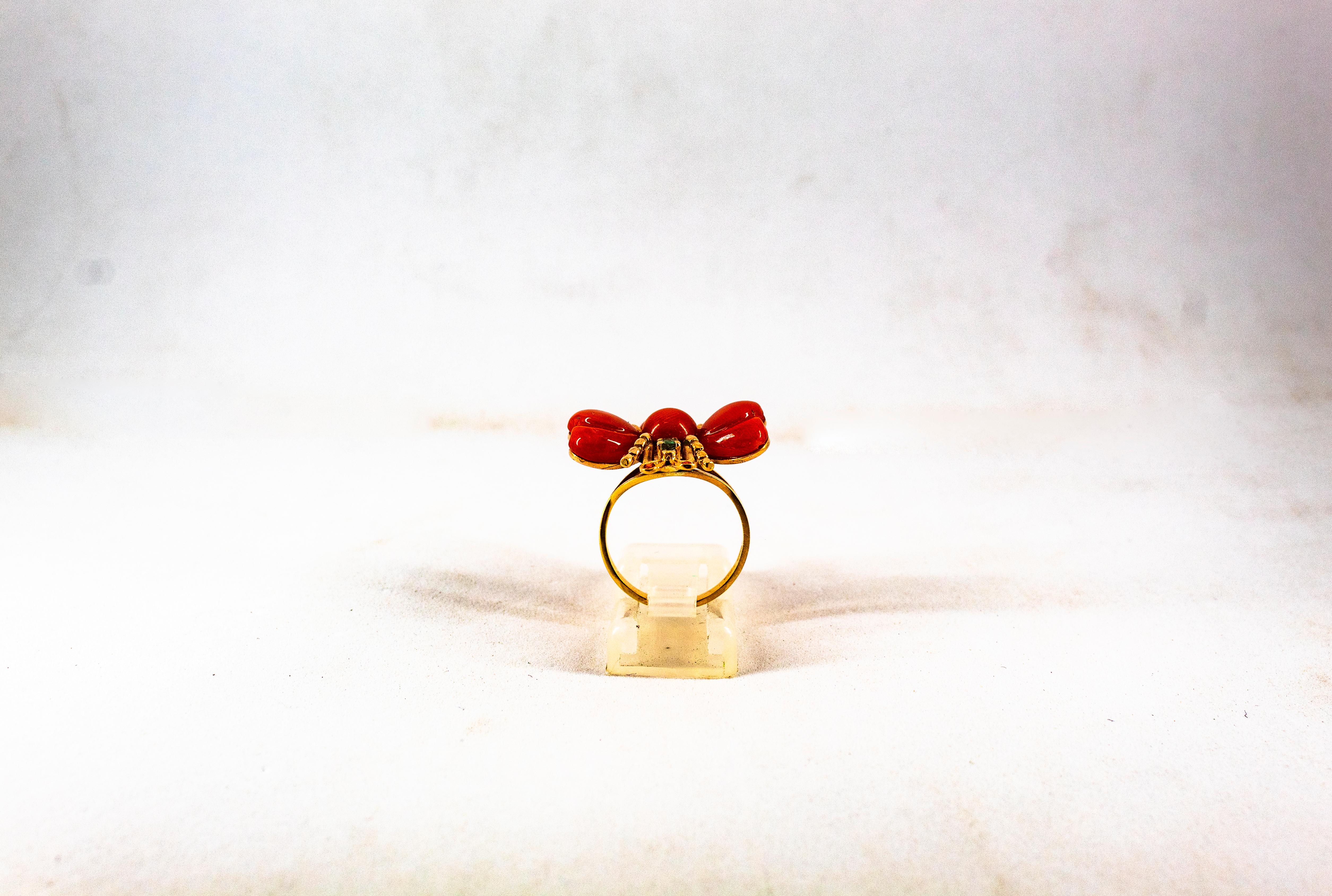 Art Nouveau Style White Diamond Ruby Emerald Red Coral Yellow Gold Cocktail Ring For Sale 3