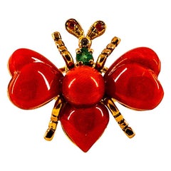 Art Nouveau Style White Diamond Ruby Emerald Red Coral Yellow Gold Cocktail Ring