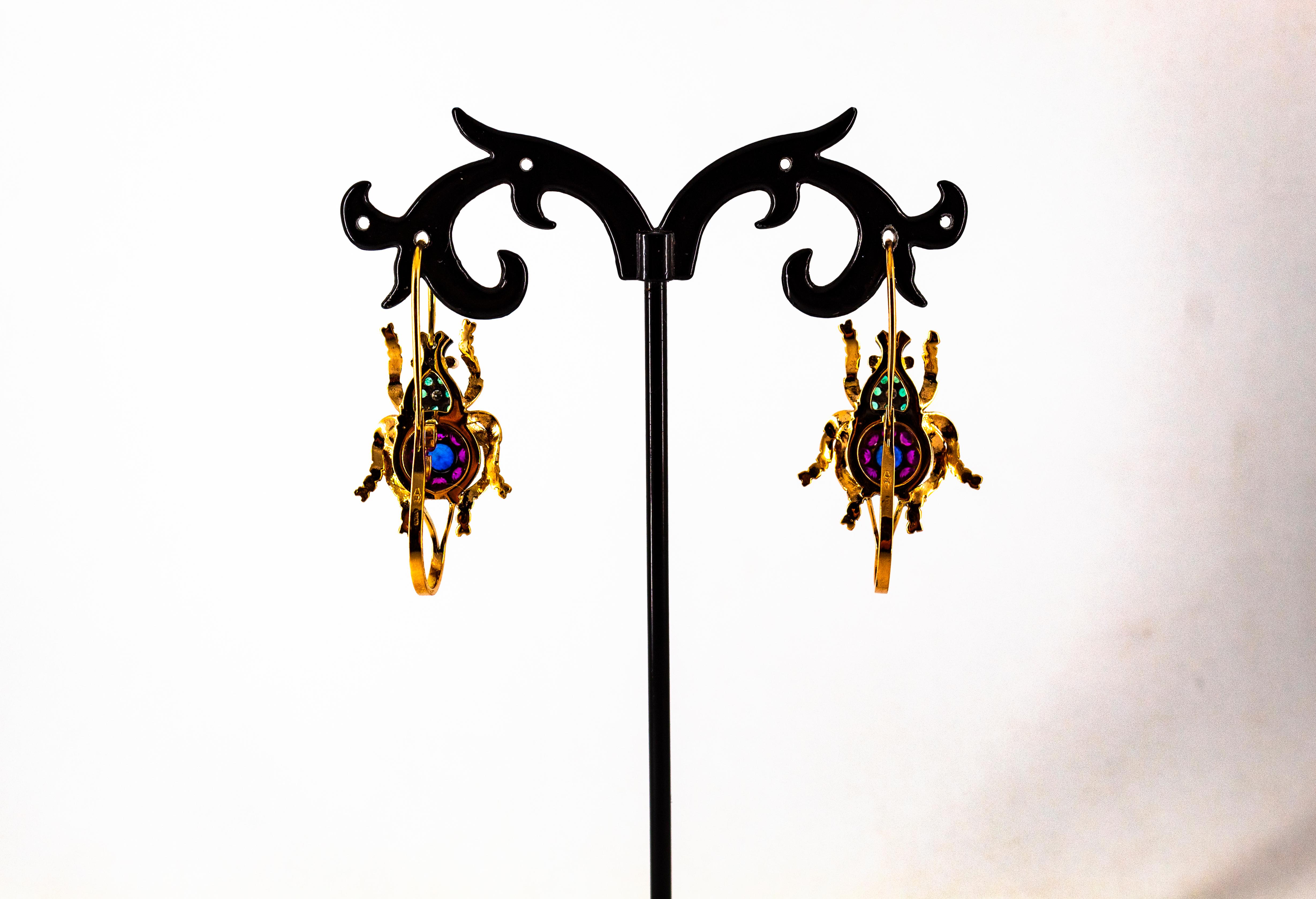 Art Nouveau Style White Diamond Ruby Emerald Sapphire Yellow Gold Drop Earrings For Sale 7
