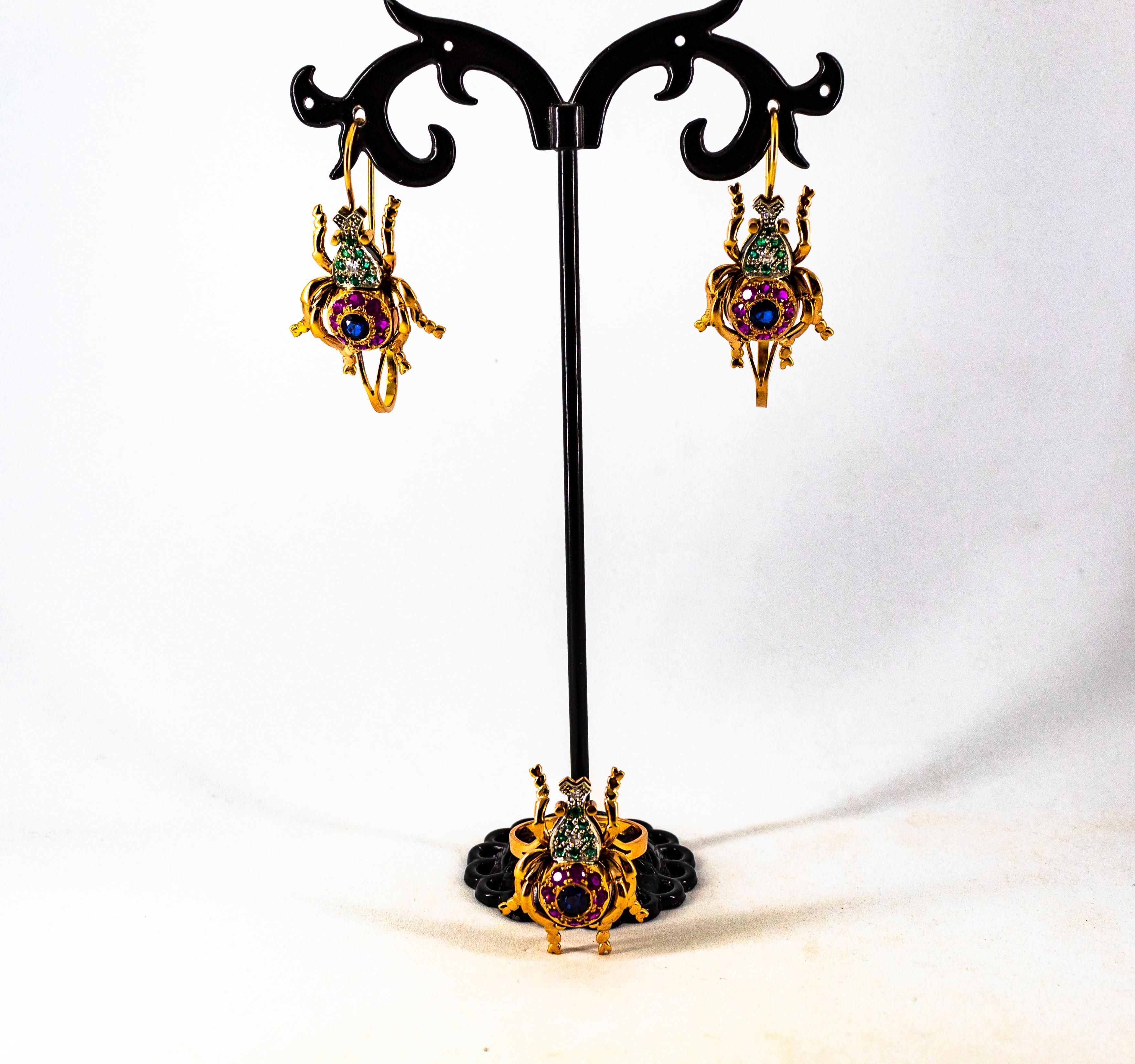 Orecchini a goccia in stile Art Nouveau in oro giallo con diamante bianco, rubino e smeraldo e zaffiro in vendita 10