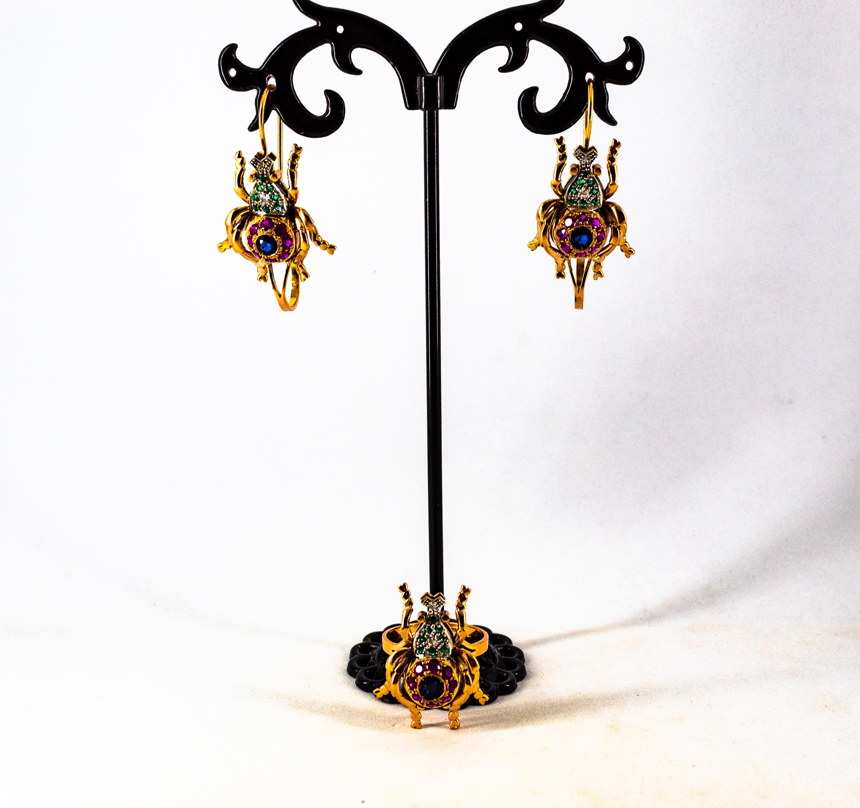 Art Nouveau Style White Diamond Ruby Emerald Sapphire Yellow Gold Drop Earrings 11