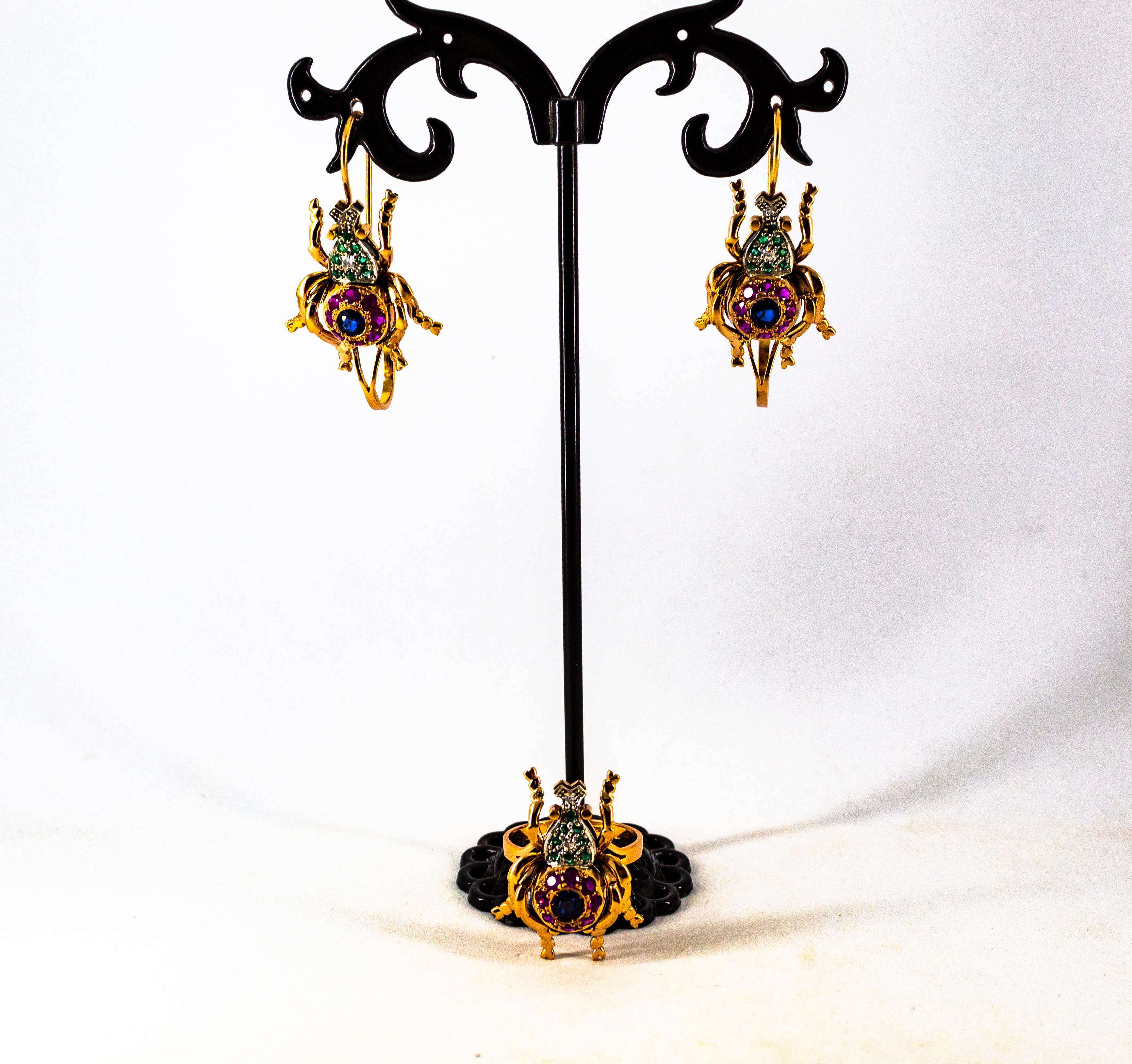 Art Nouveau Style White Diamond Ruby Emerald Sapphire Yellow Gold Drop Earrings For Sale 11
