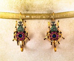 Art Nouveau Style White Diamond Ruby Emerald Sapphire Yellow Gold Drop Earrings