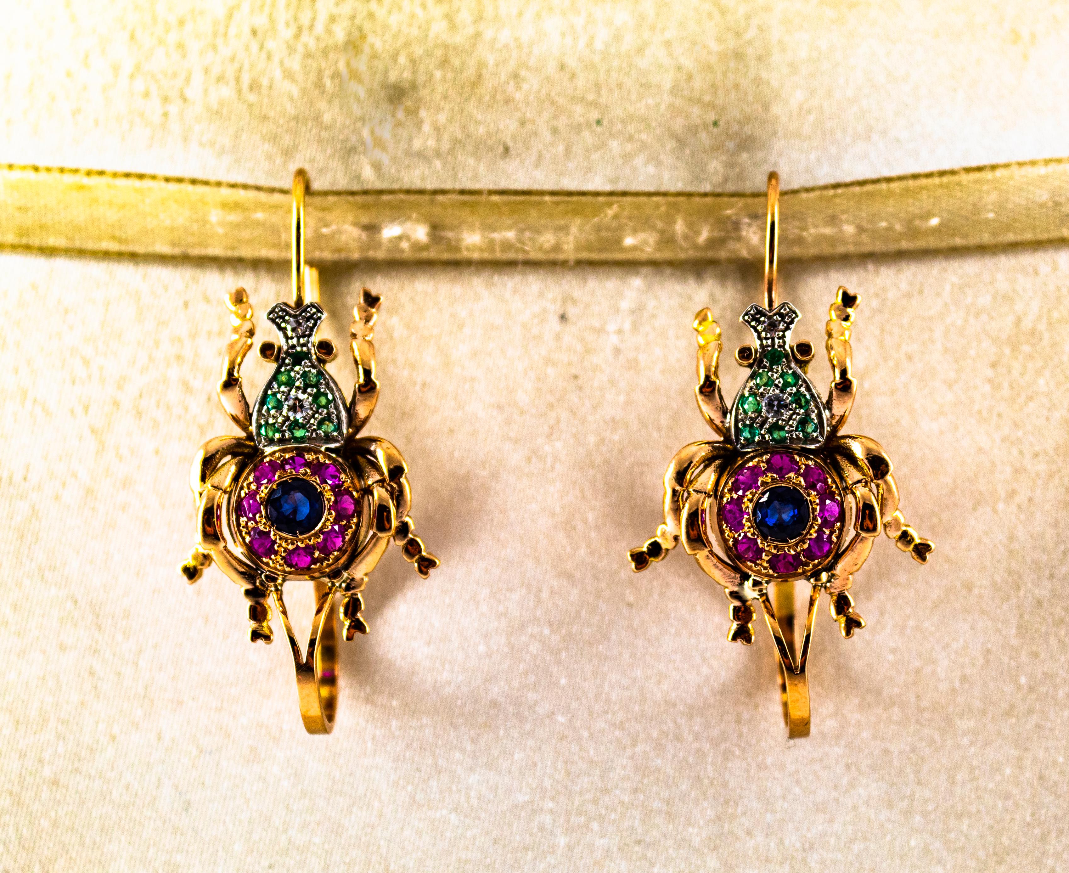 Brilliant Cut Art Nouveau Style White Diamond Ruby Emerald Sapphire Yellow Gold Drop Earrings For Sale