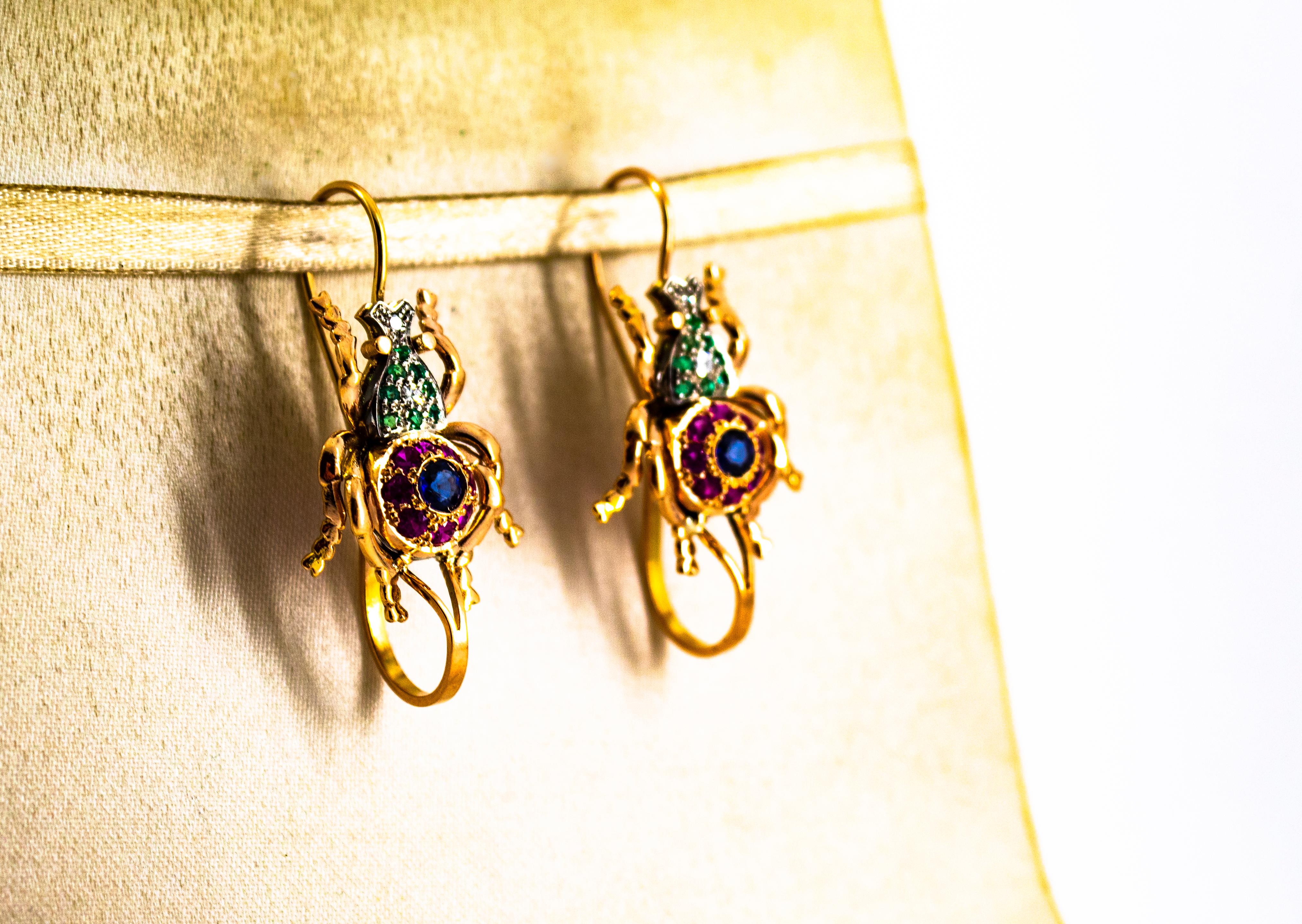 Art Nouveau Style White Diamond Ruby Emerald Sapphire Yellow Gold Drop Earrings In New Condition For Sale In Naples, IT