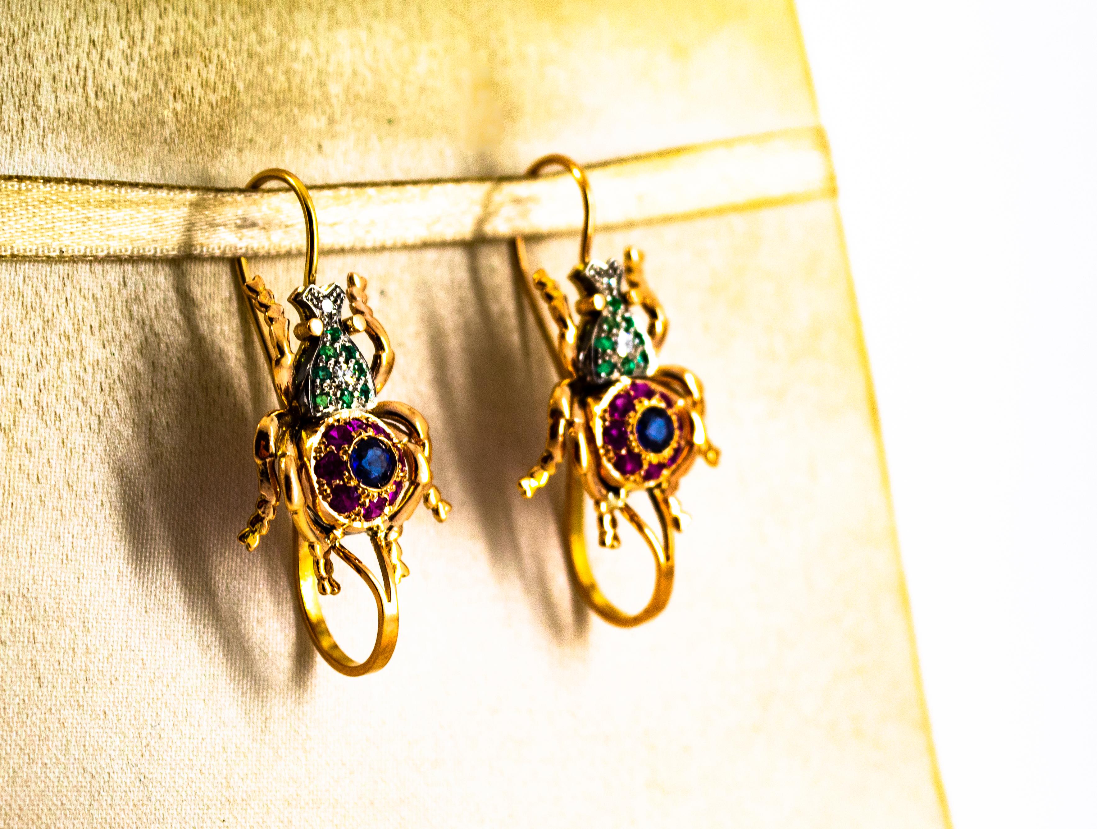 Women's or Men's Art Nouveau Style White Diamond Ruby Emerald Sapphire Yellow Gold Drop Earrings For Sale