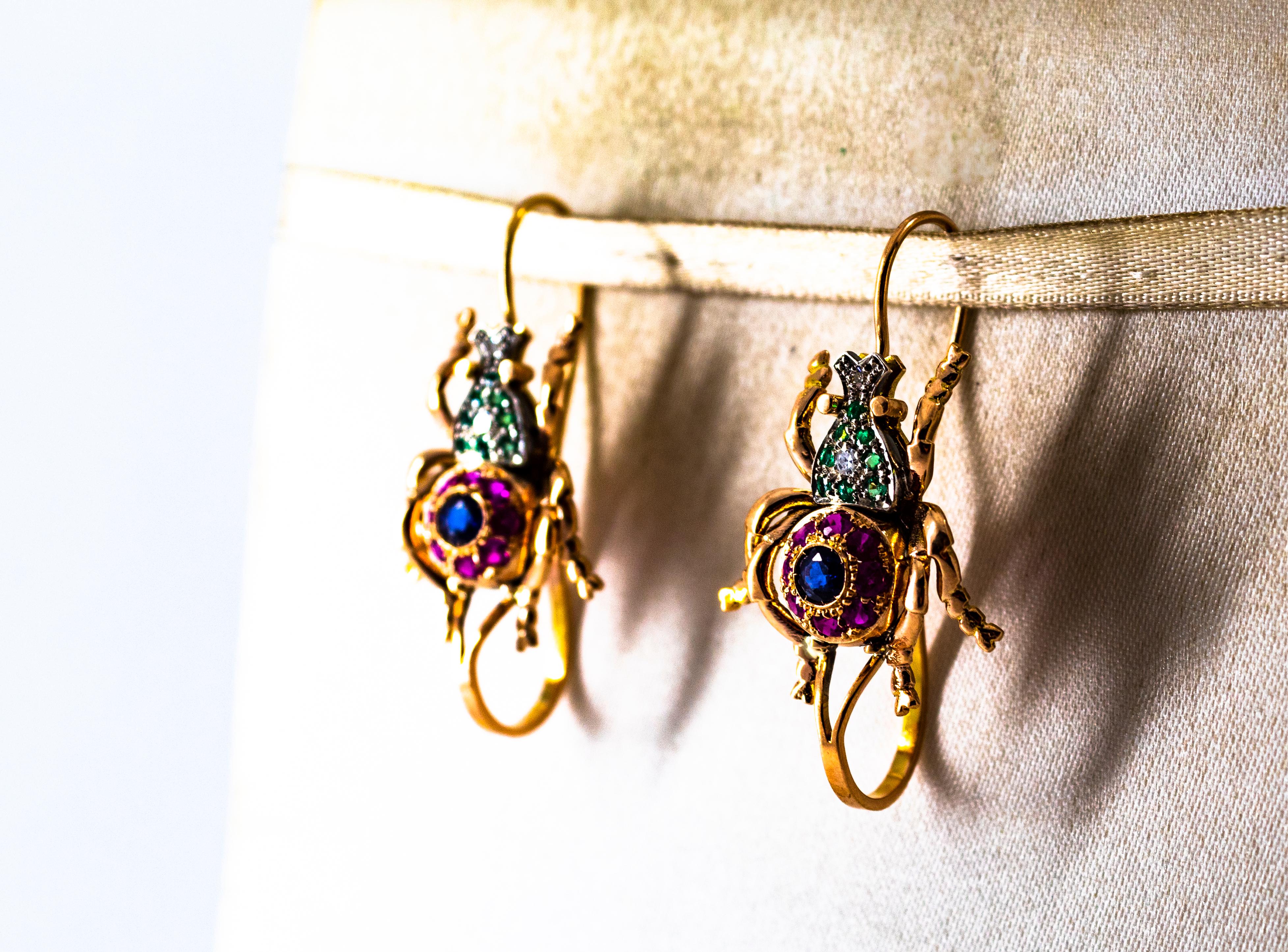 Art Nouveau Style White Diamond Ruby Emerald Sapphire Yellow Gold Drop Earrings 1